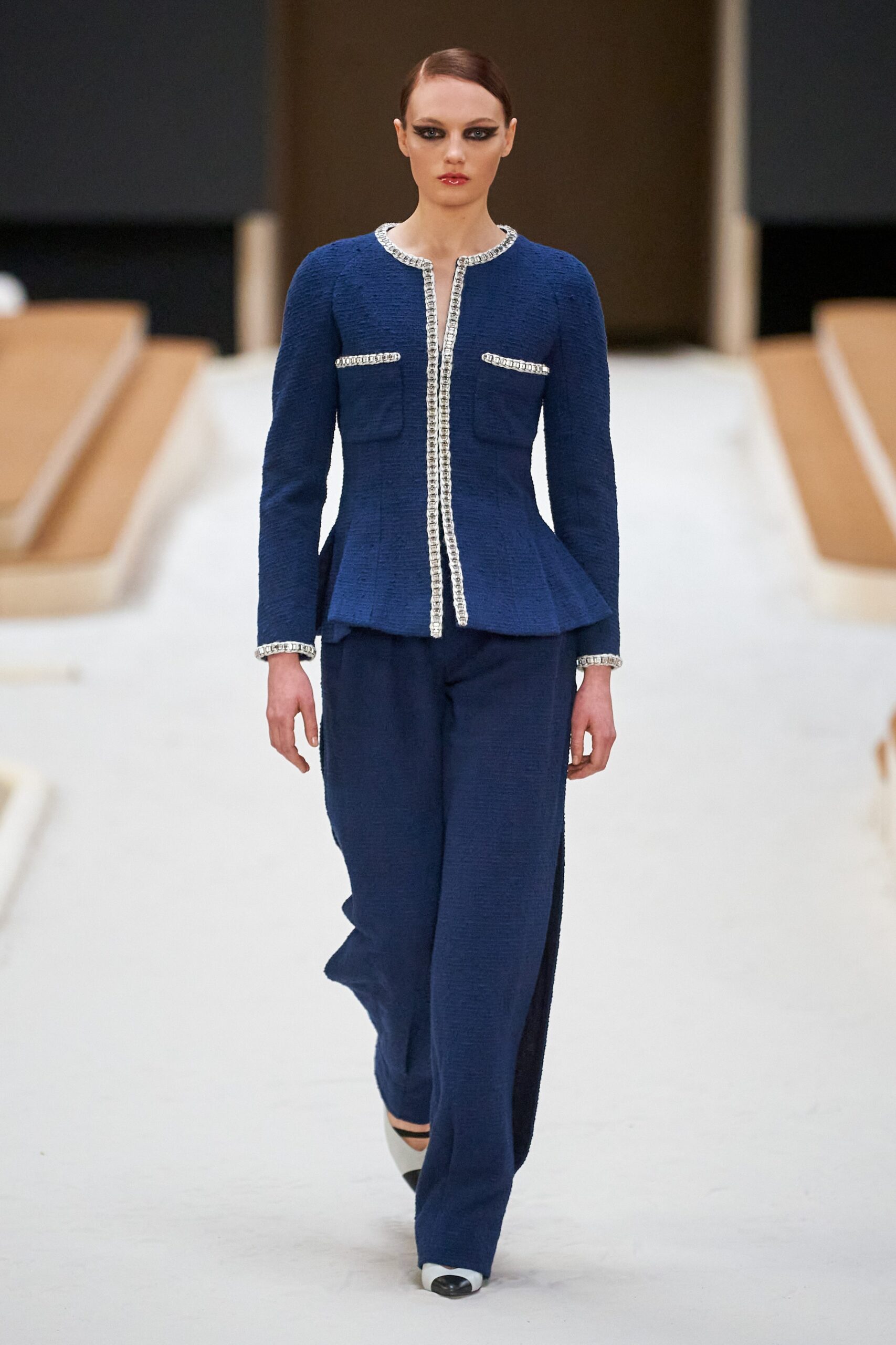 blue tweed relaxed wide-leg textured pants