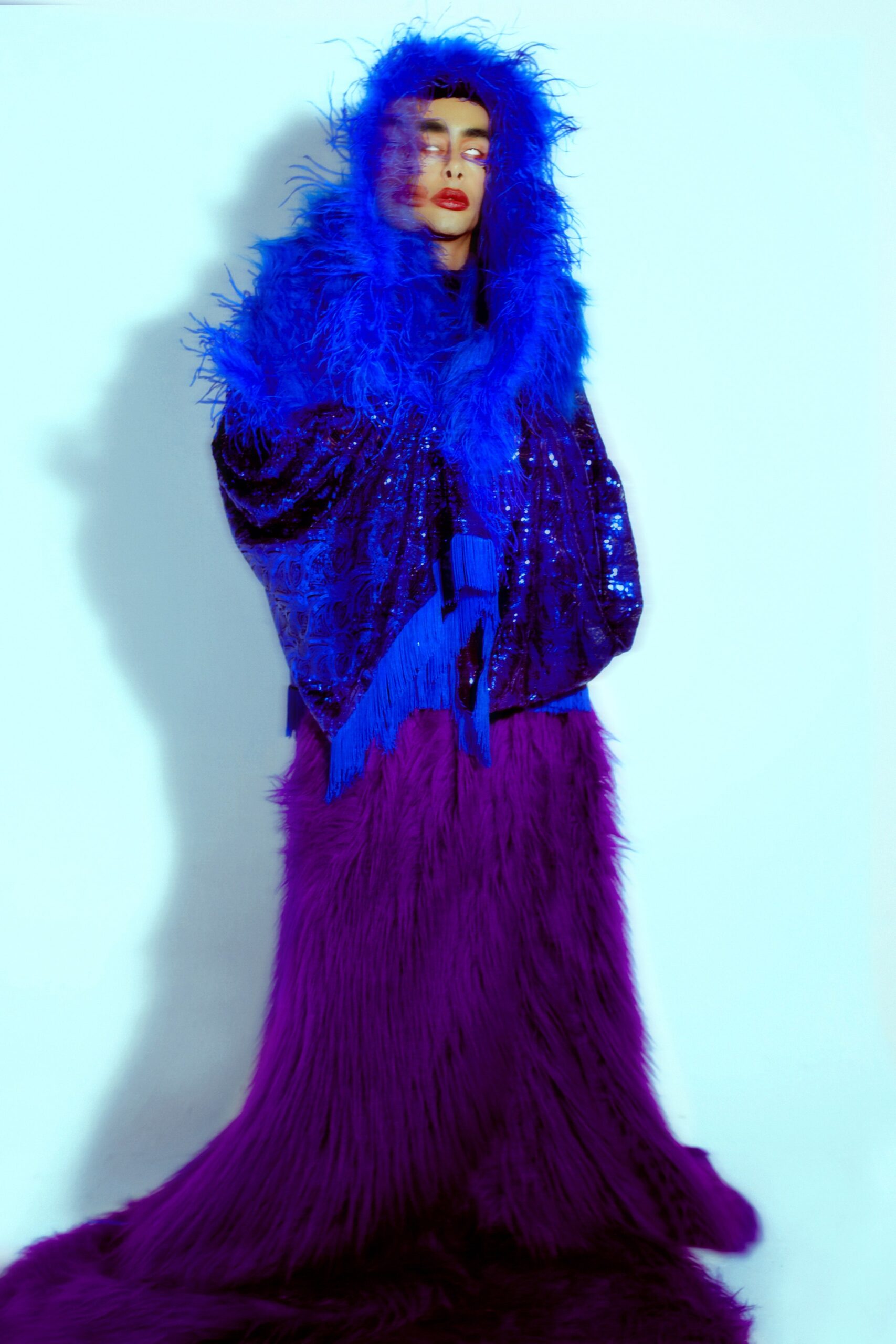 blue sequin open-front long-sleeve oversized embellished jacket