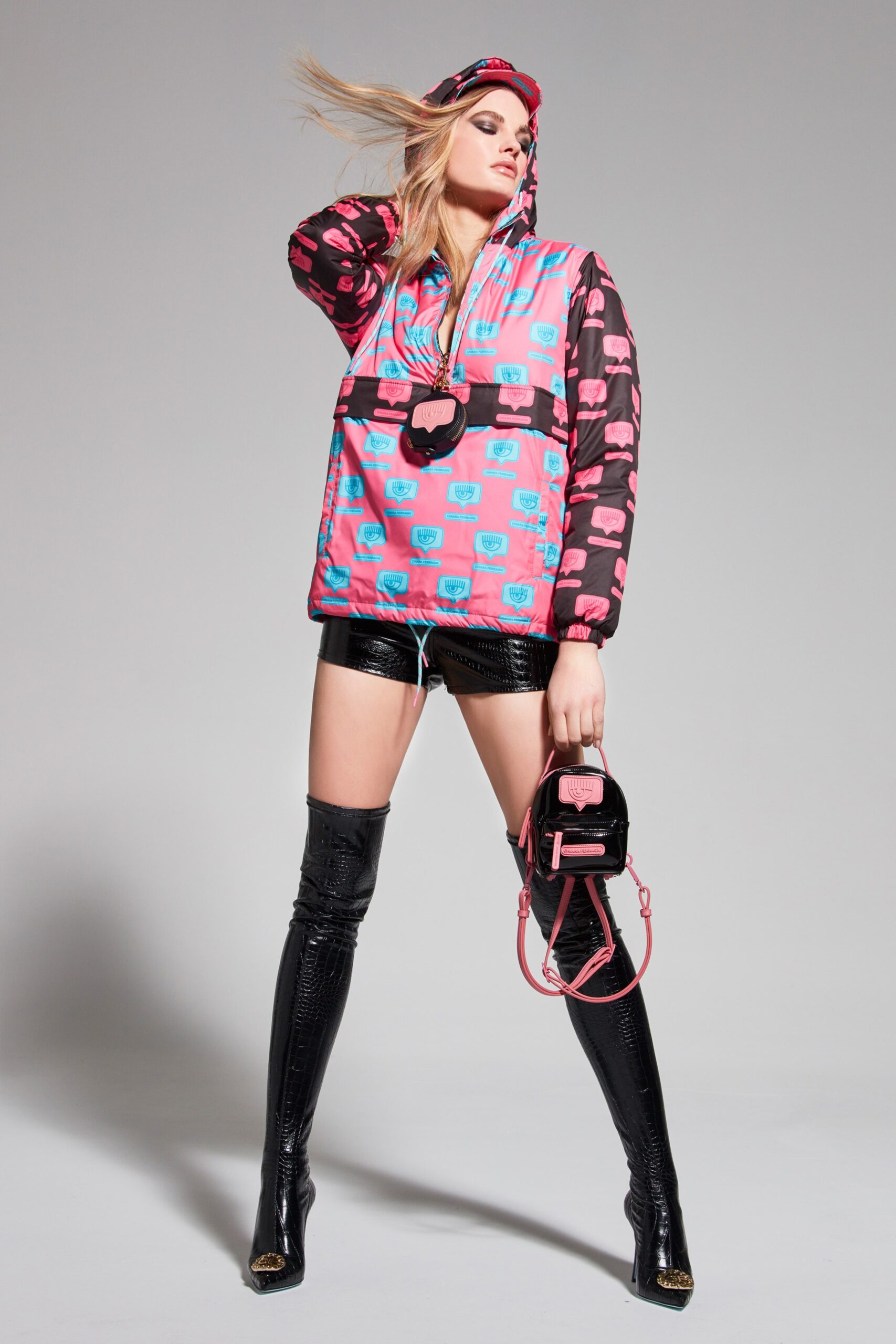 pink nylon long-sleeve hooded relaxed zippered printed jacket