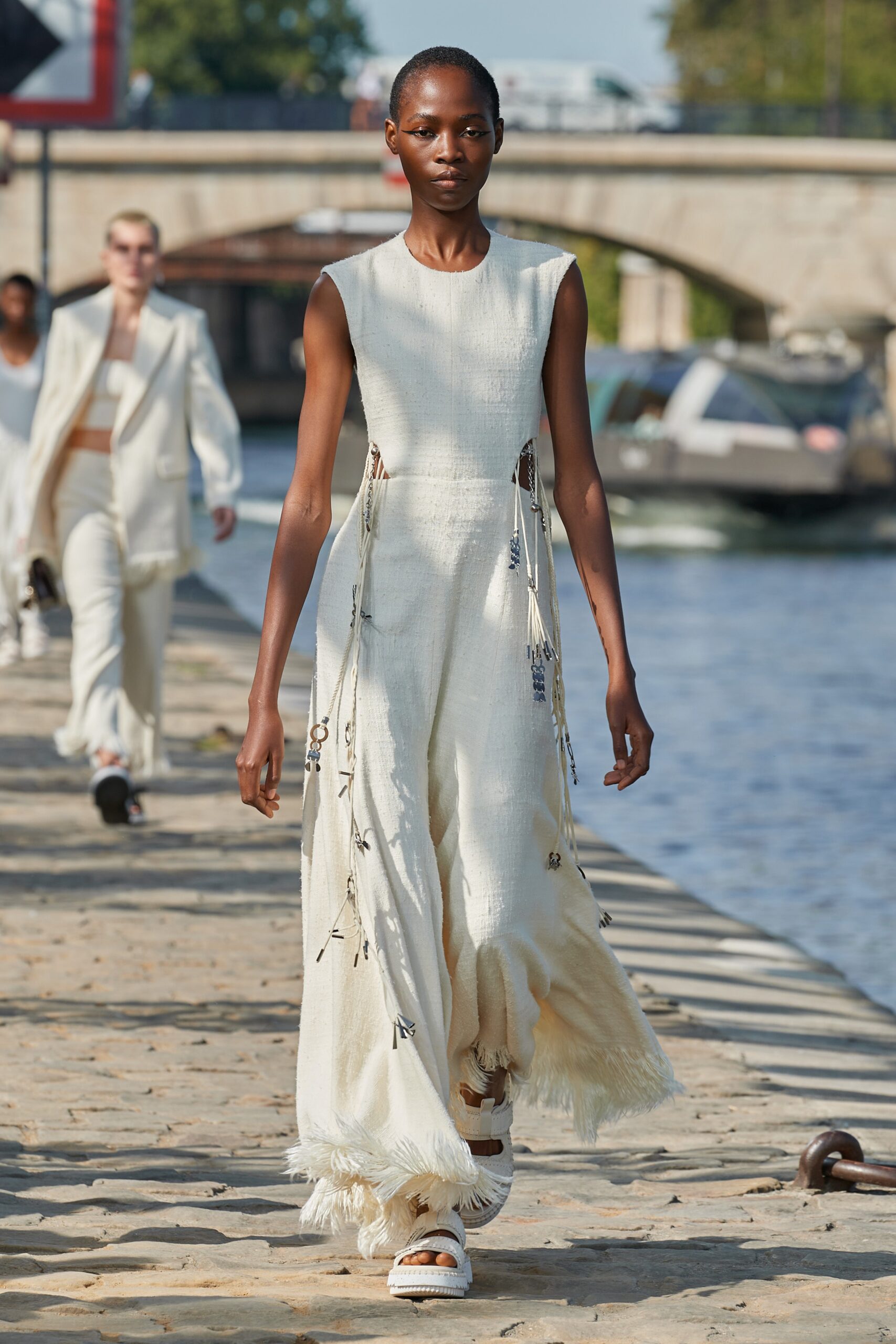 ivory unknown sleeveless high-neck fitted wide-leg embellished jumpsuit