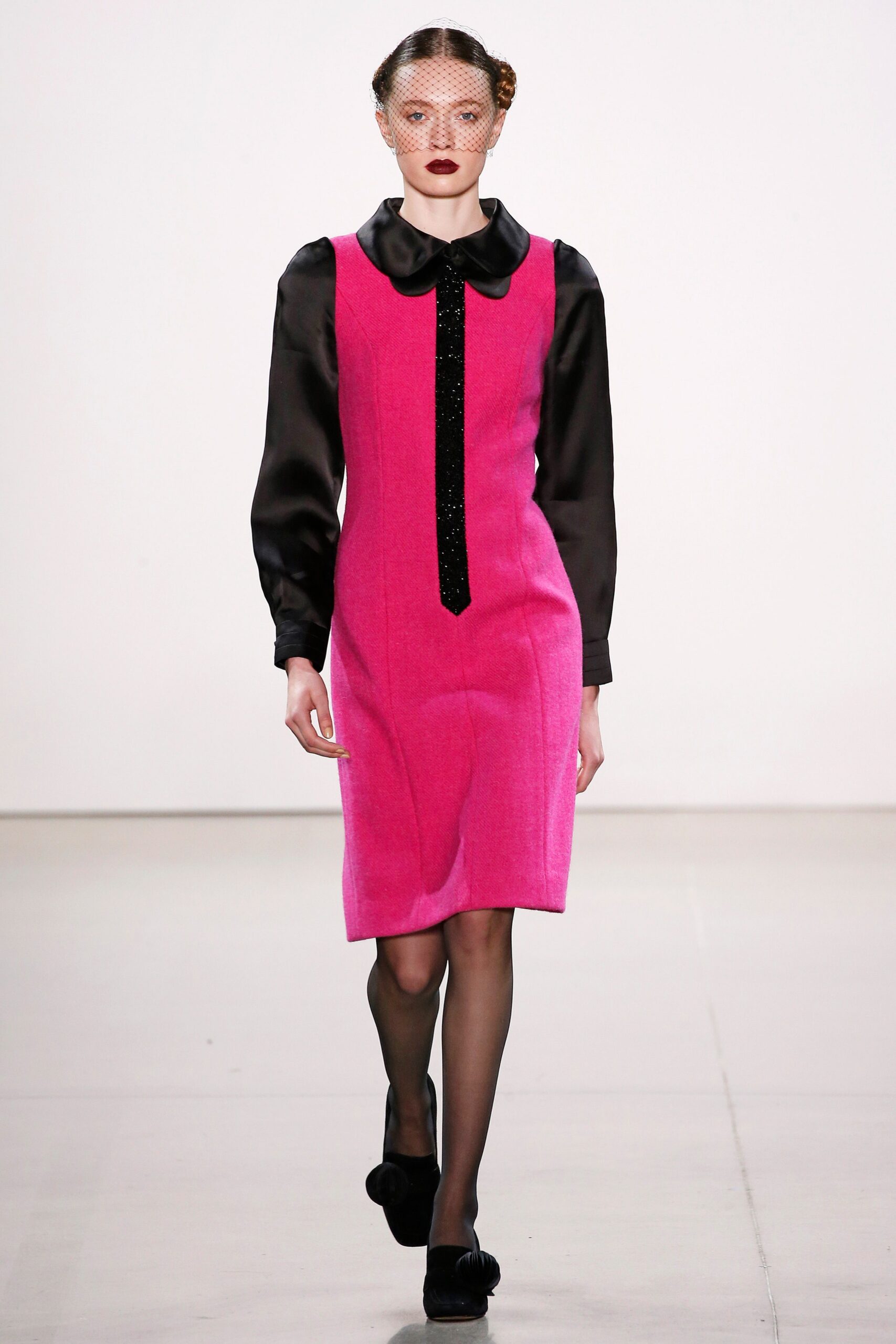 pink wool long-sleeve collared fitted color-blocked dress