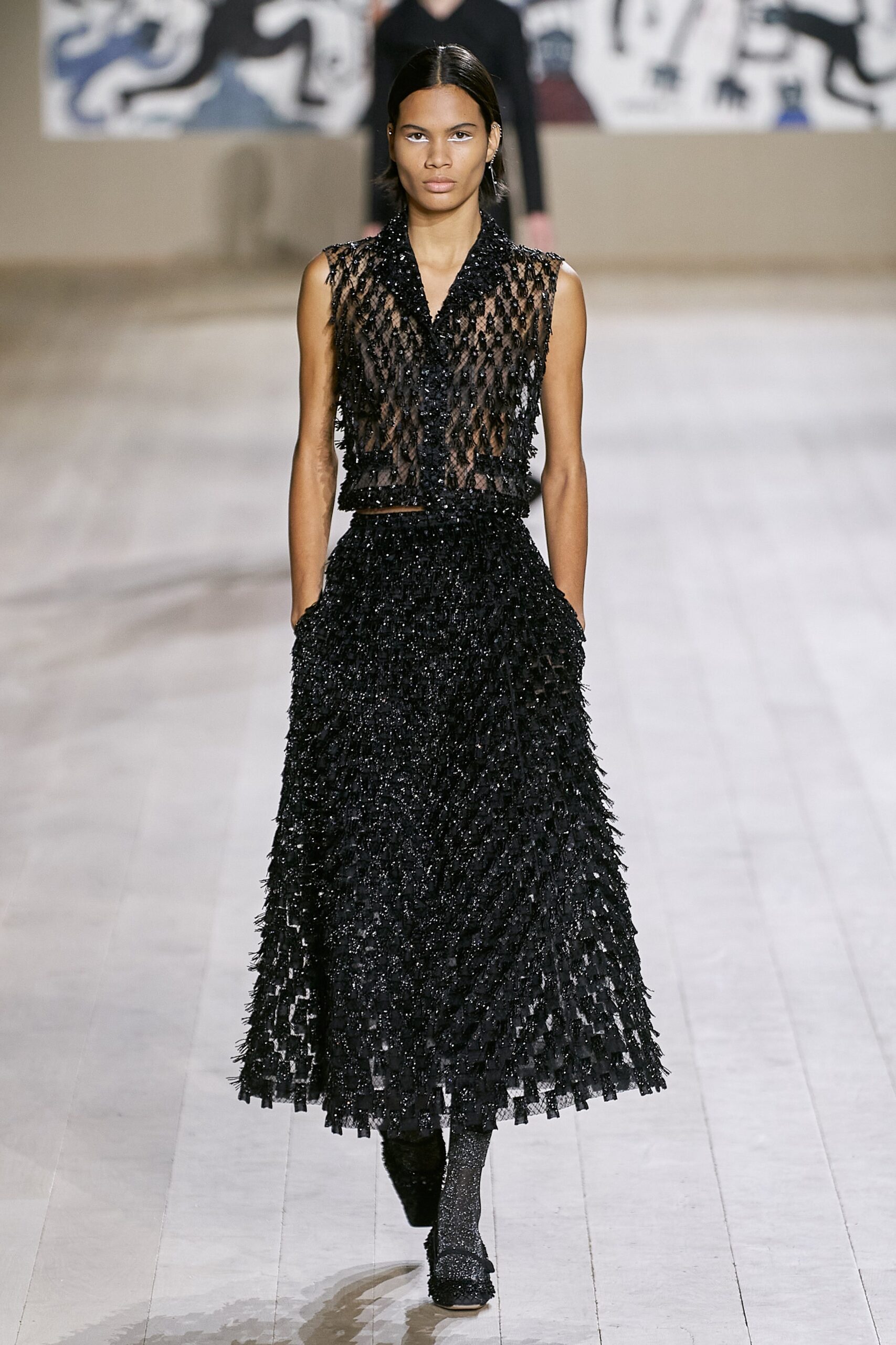 black sequin sleeveless collared embellished openwork vest