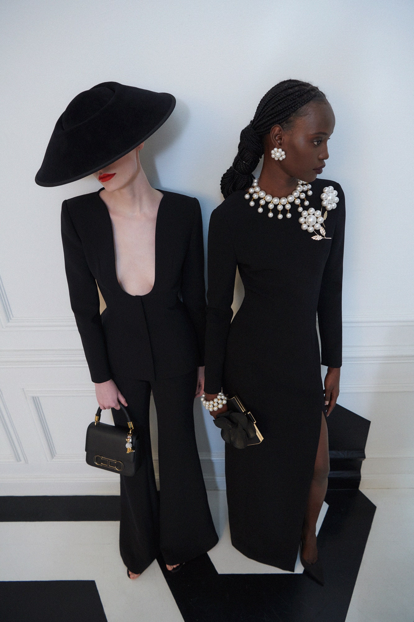 black unknown long-sleeve low-cut fitted wide-leg jumpsuit