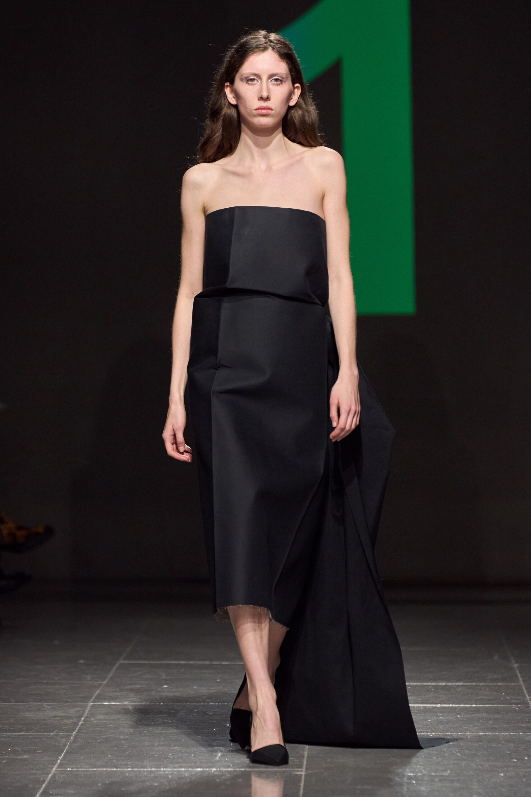 architectural strapless black evening gown
