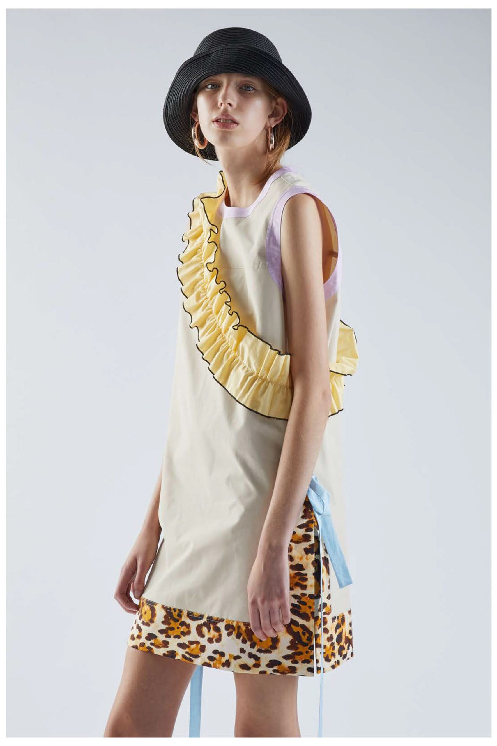 ivory unknown sleeveless high-neck animal-print ruffled mini mini-dress