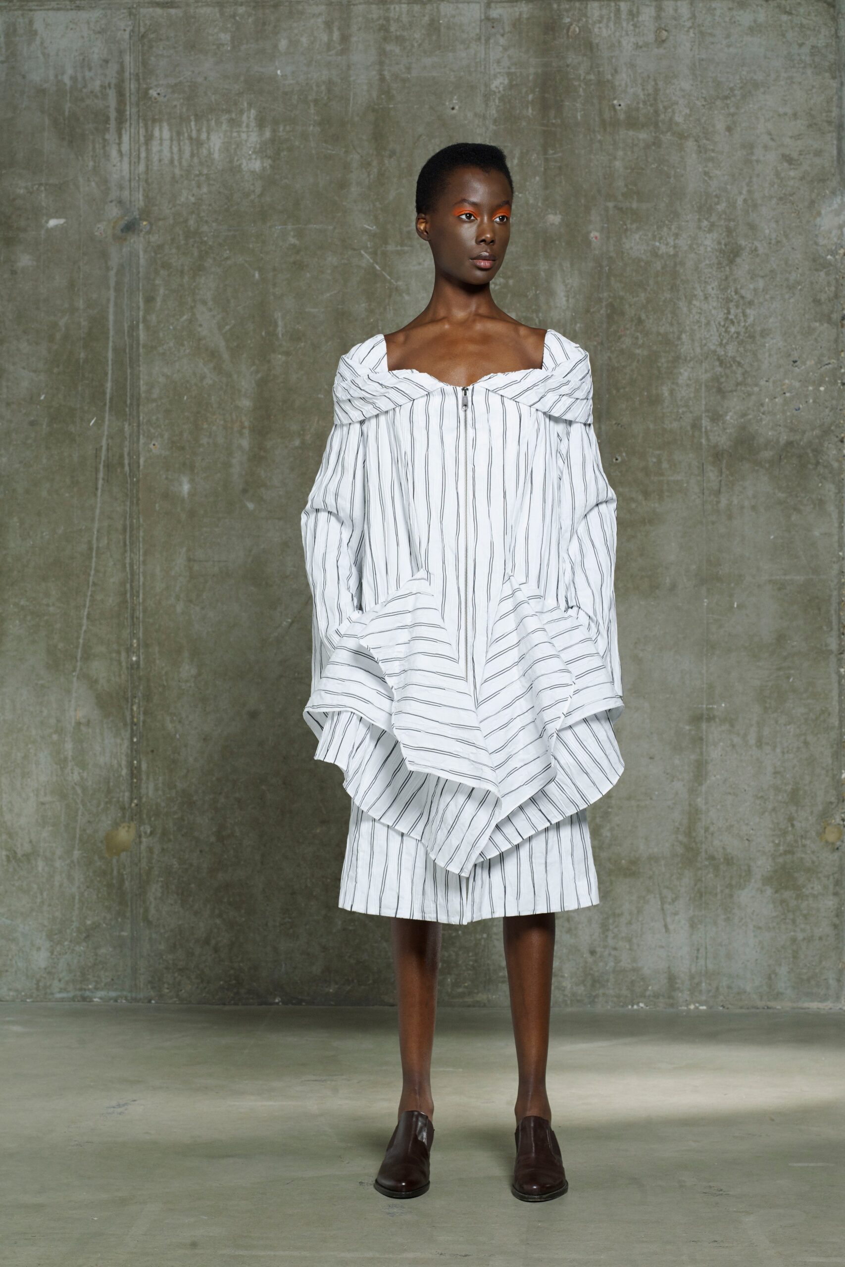 off-shoulder striped handkerchief midi dress