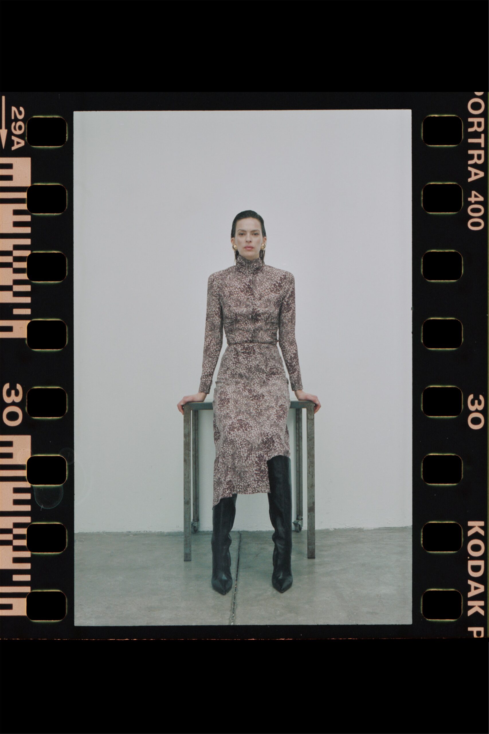 printed high-neck ruched midi dress