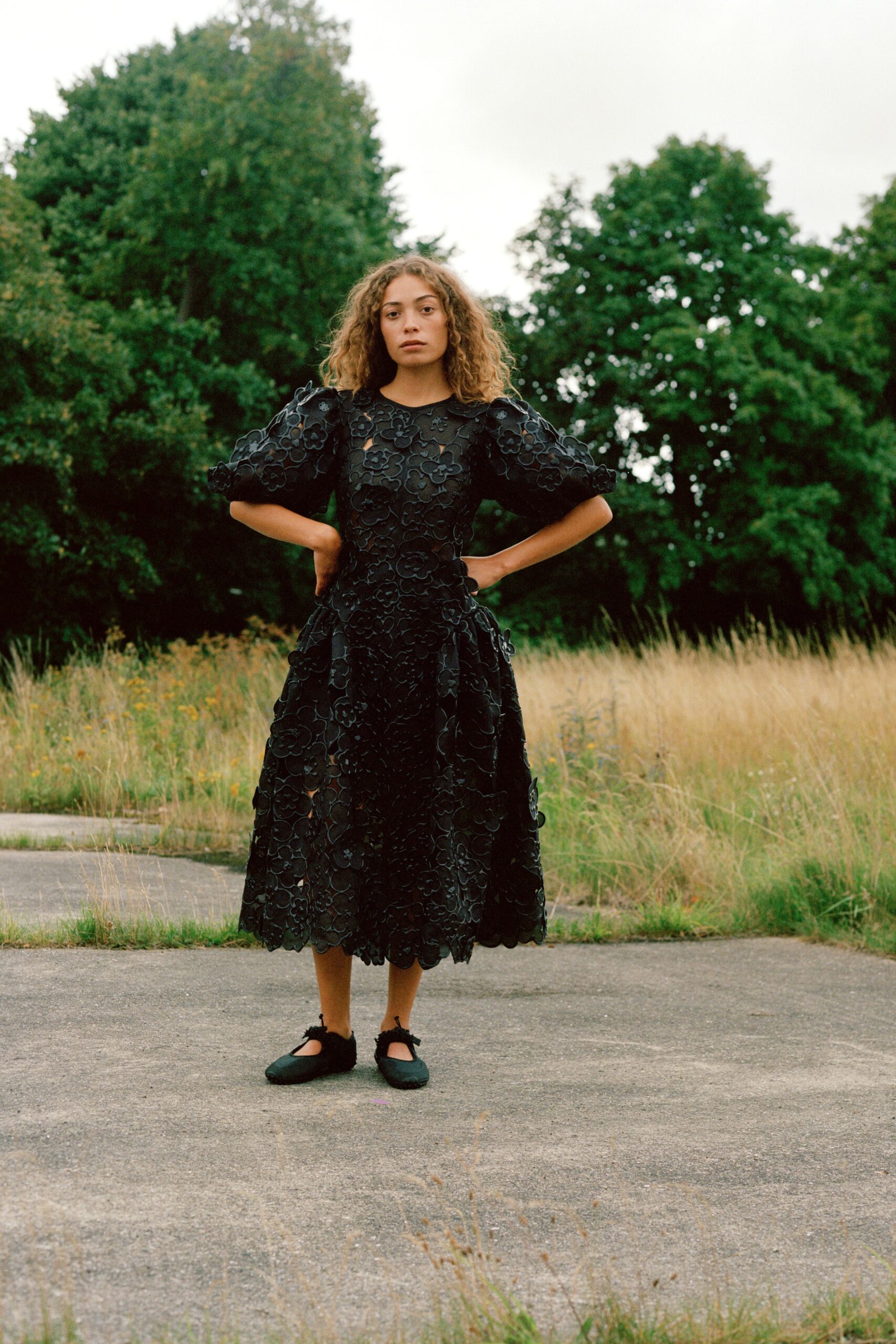 black lace short-sleeve high-neck fitted floral a-line midi-dress