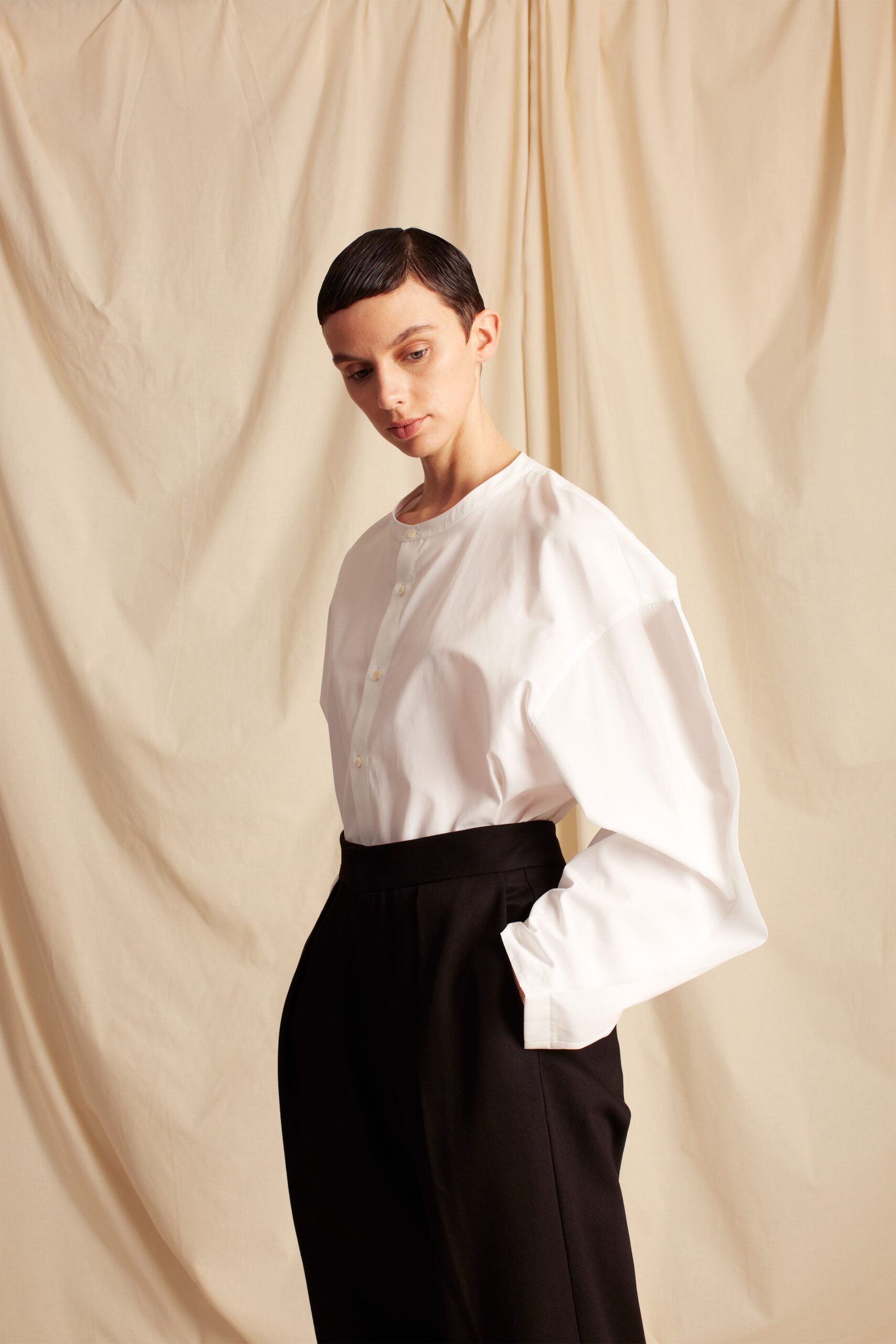 oversized collarless white shirt