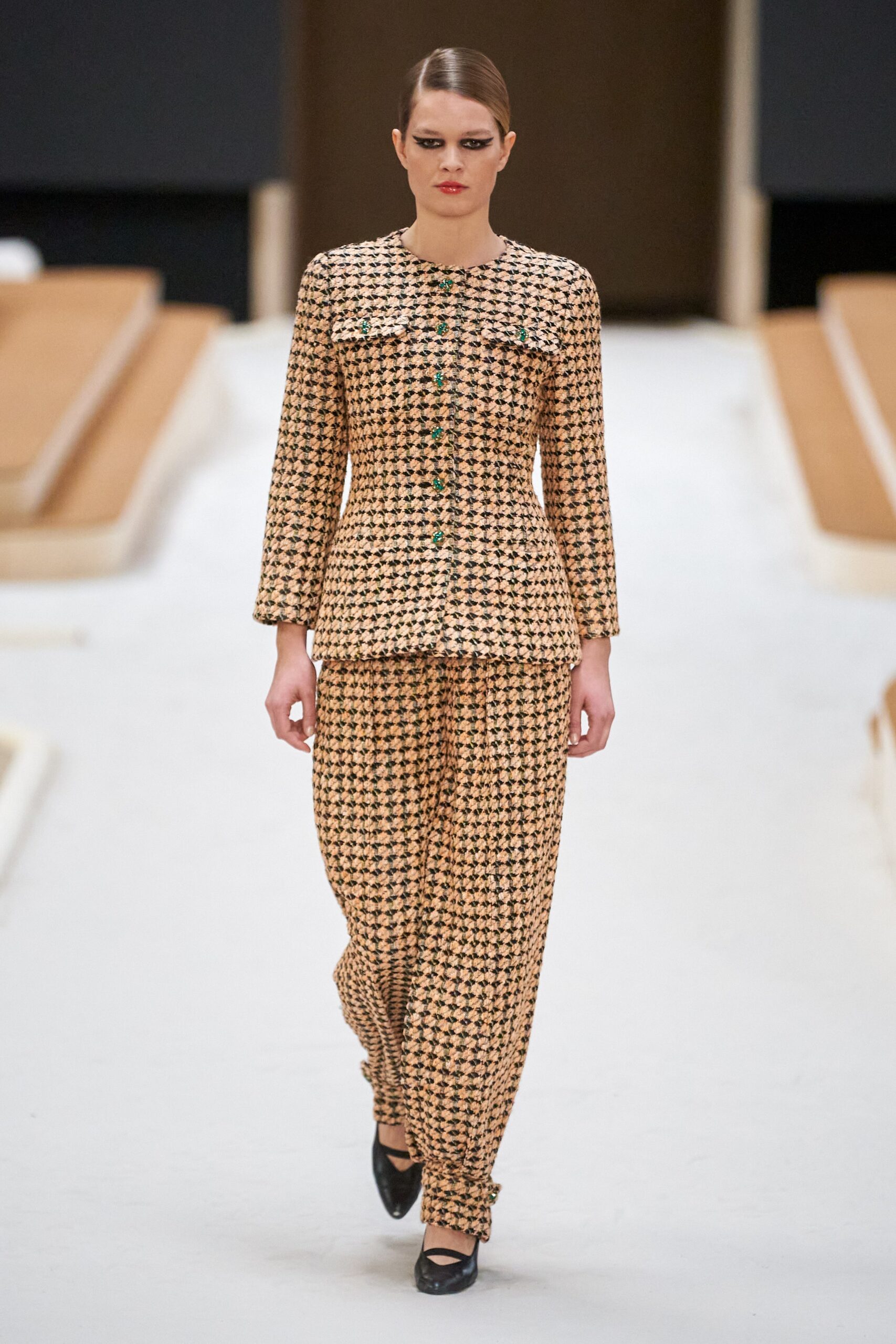 beige tweed tailored checked textured pants