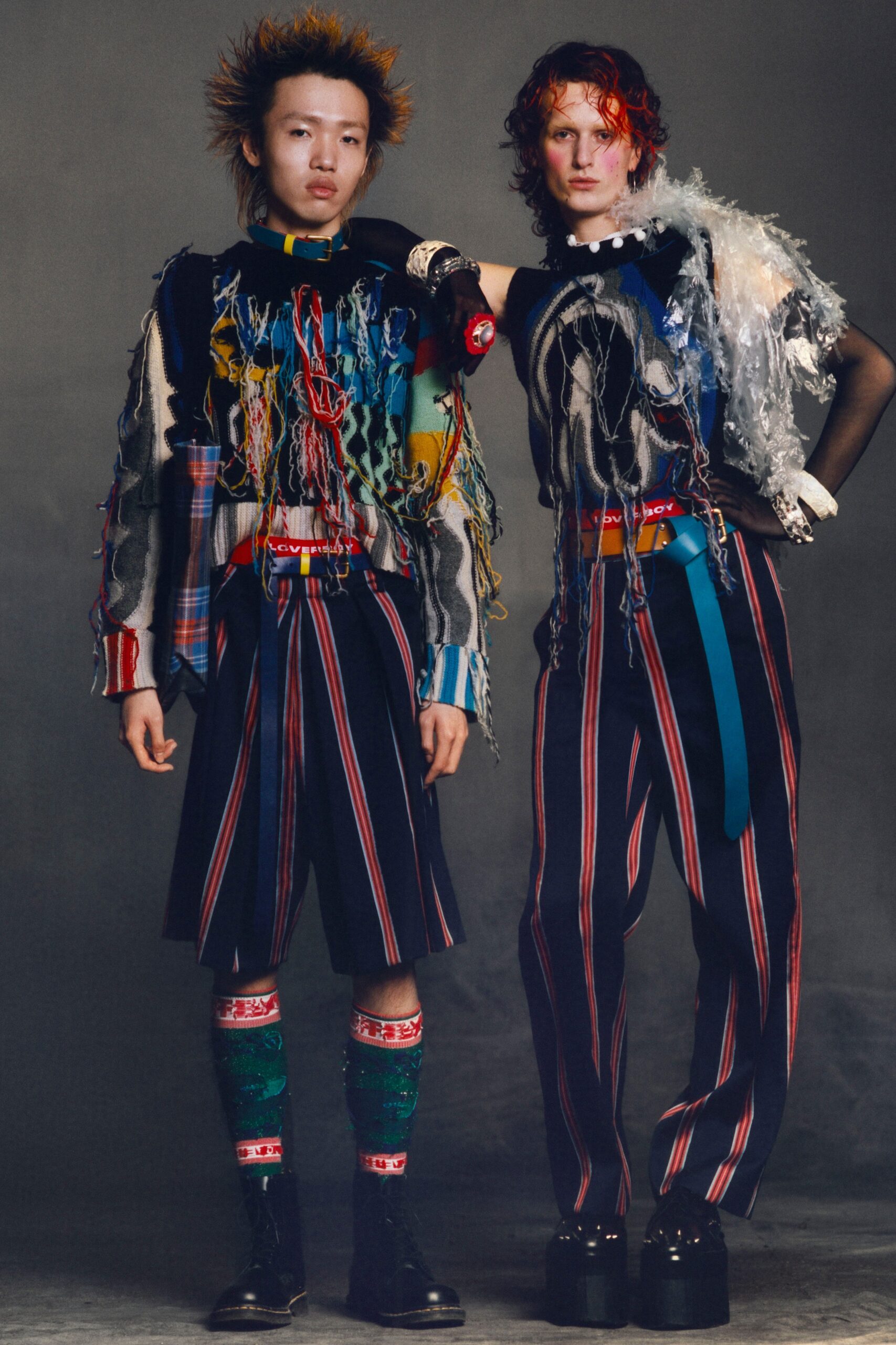 multi knit long-sleeve high-neck abstract fringed textured sweater
