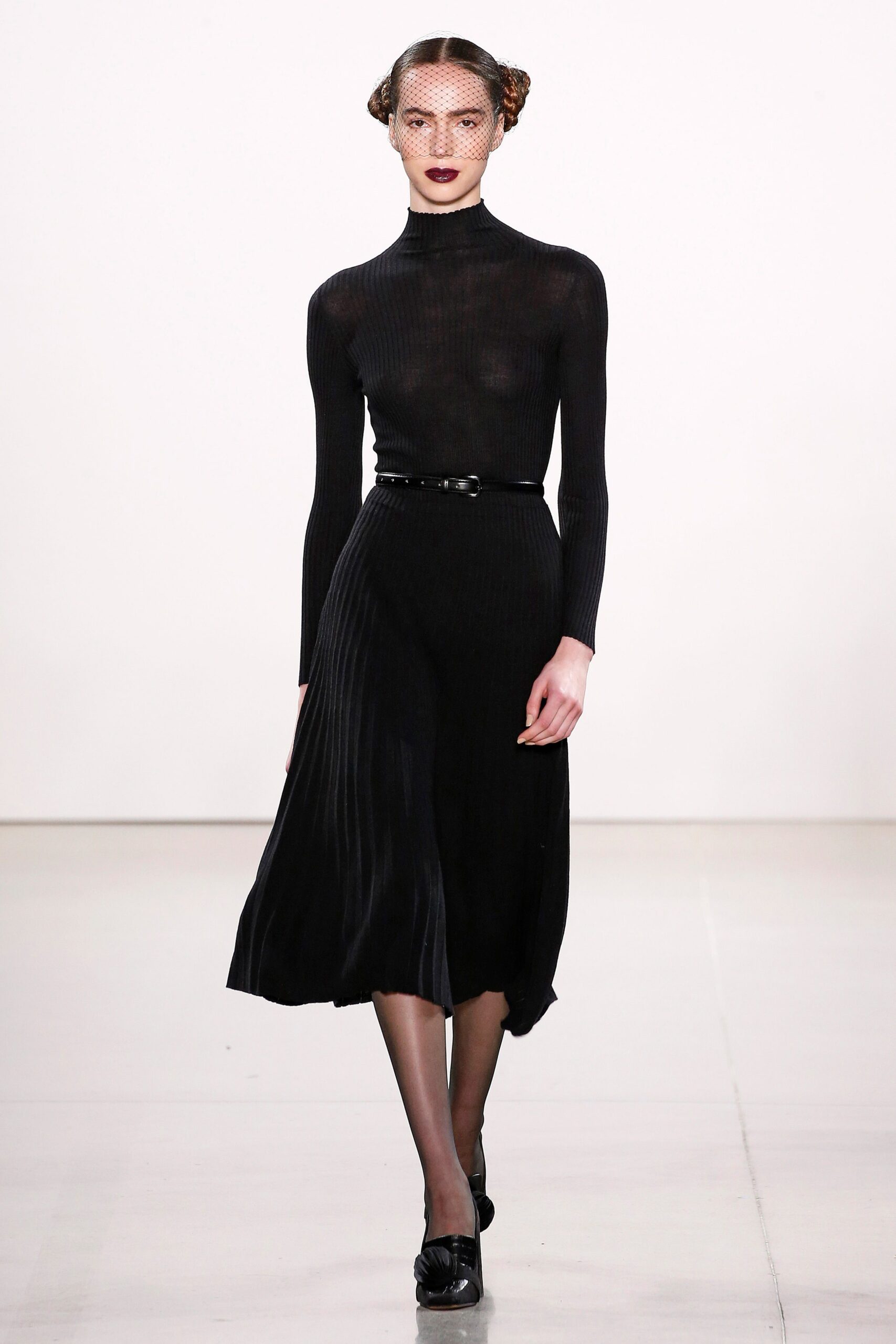 black knit long-sleeve turtleneck fitted pleated belted midi-dress