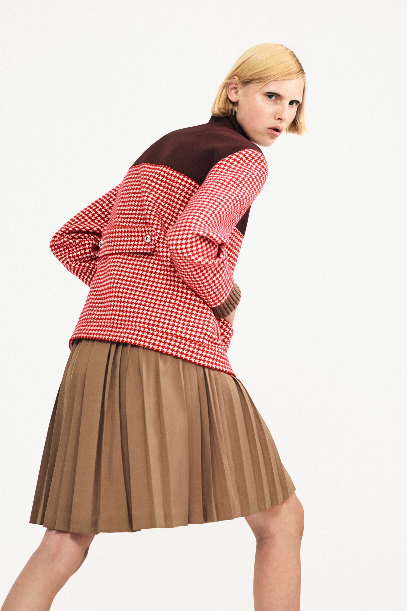 red houndstooth knit jacket