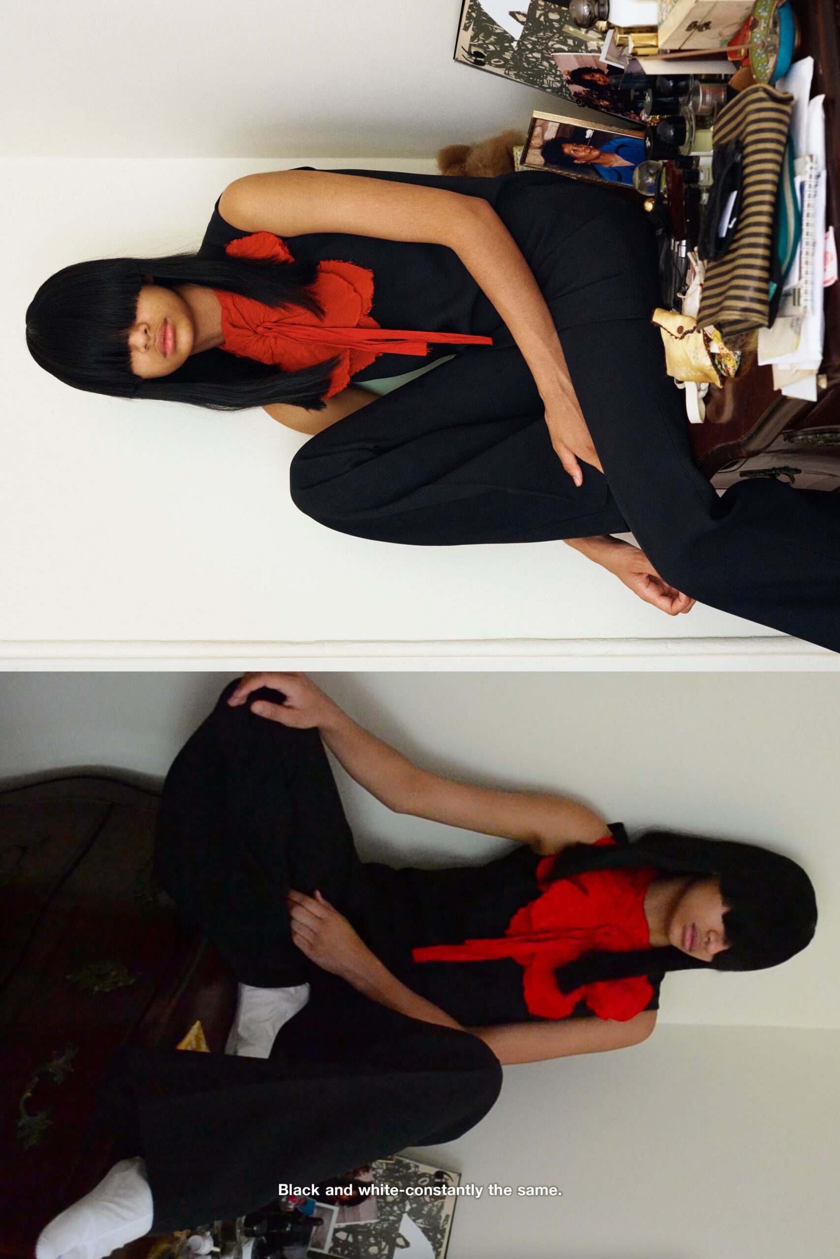 red fur scarf over black jumpsuit