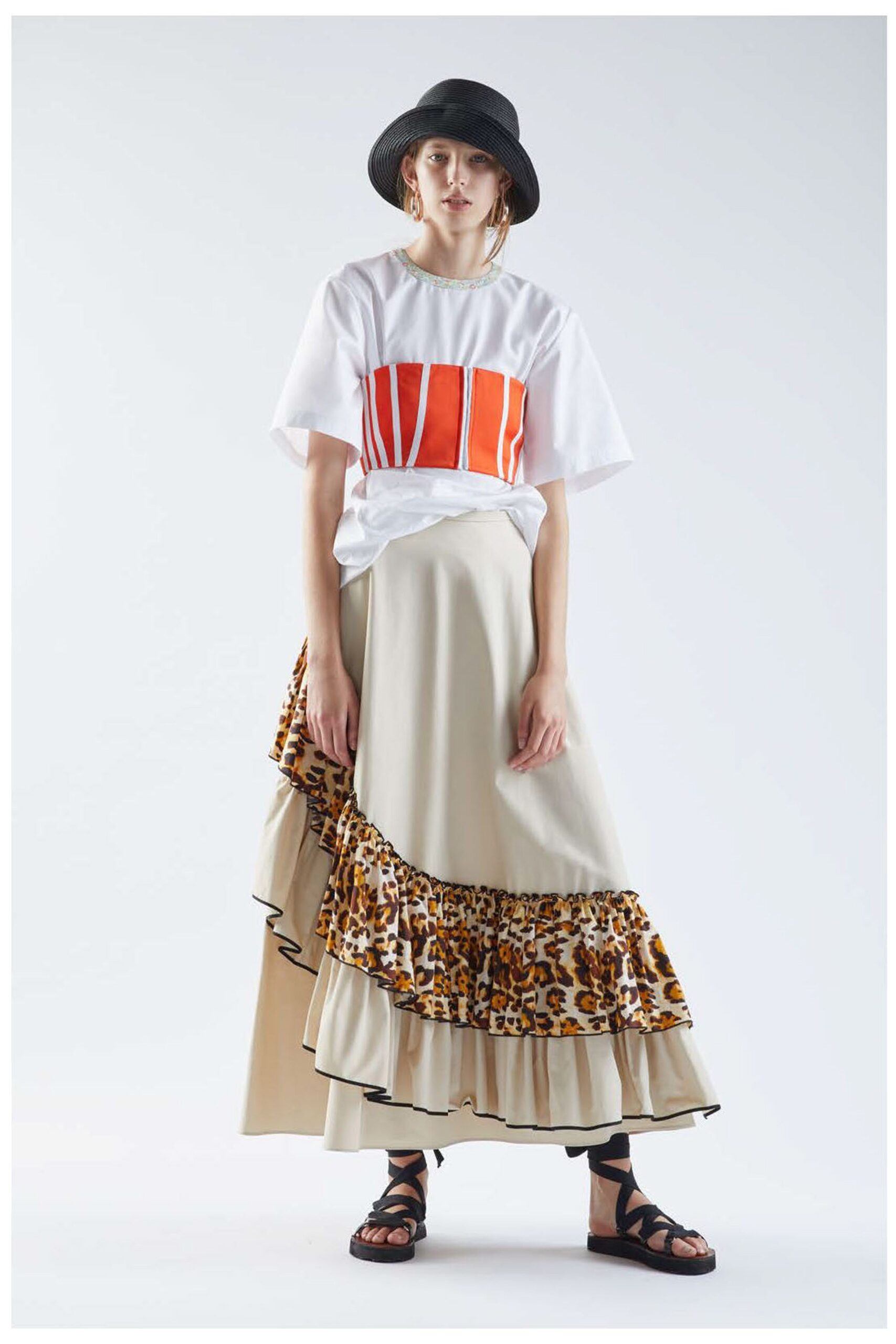 beige unknown animal-print ruffled flowing maxi skirt