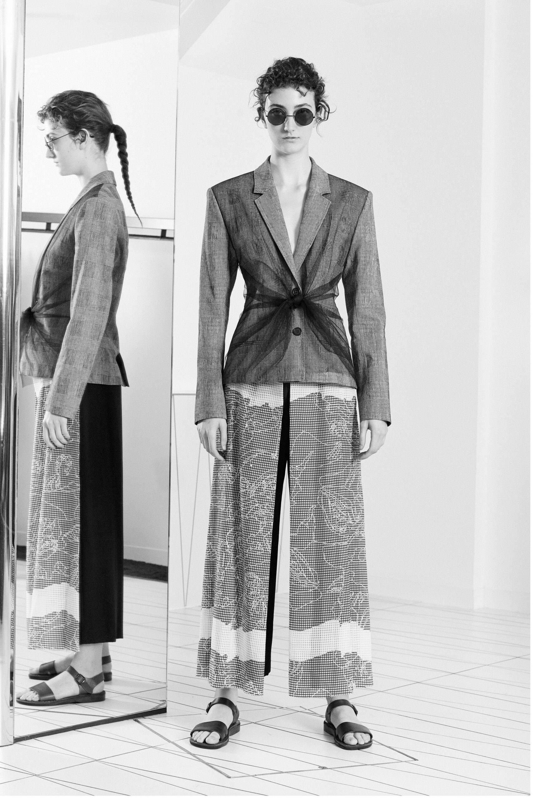 checked blazer with sheer tied overlay