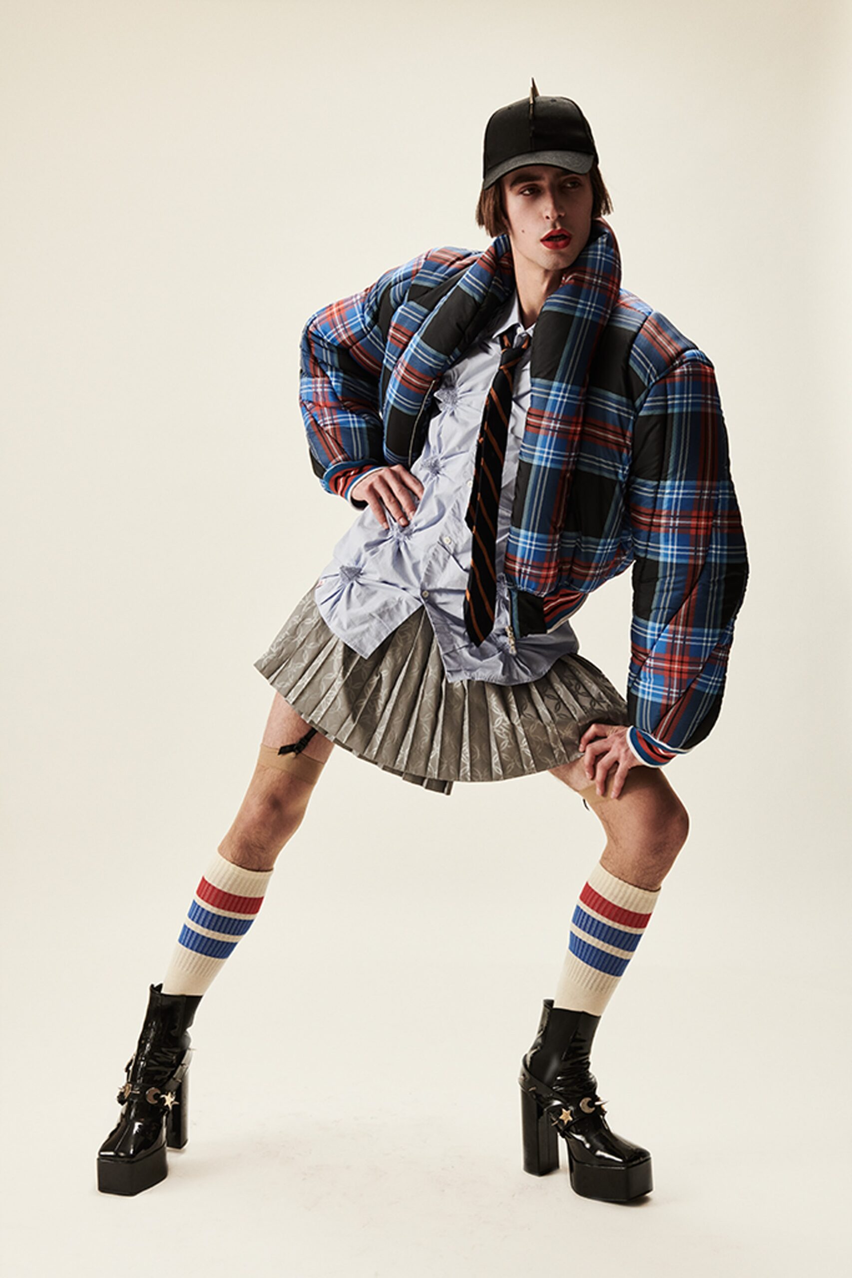 ivory knit striped knee-high textured socks