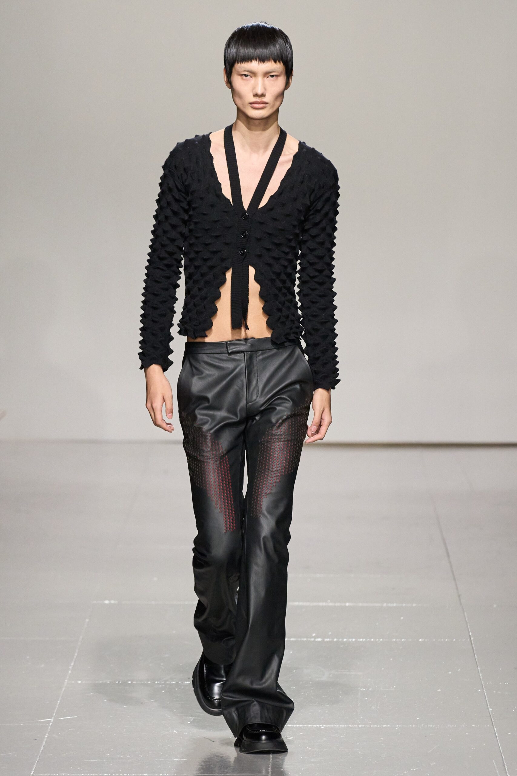 black knit long-sleeve v-neck fitted buttoned textured cardigan