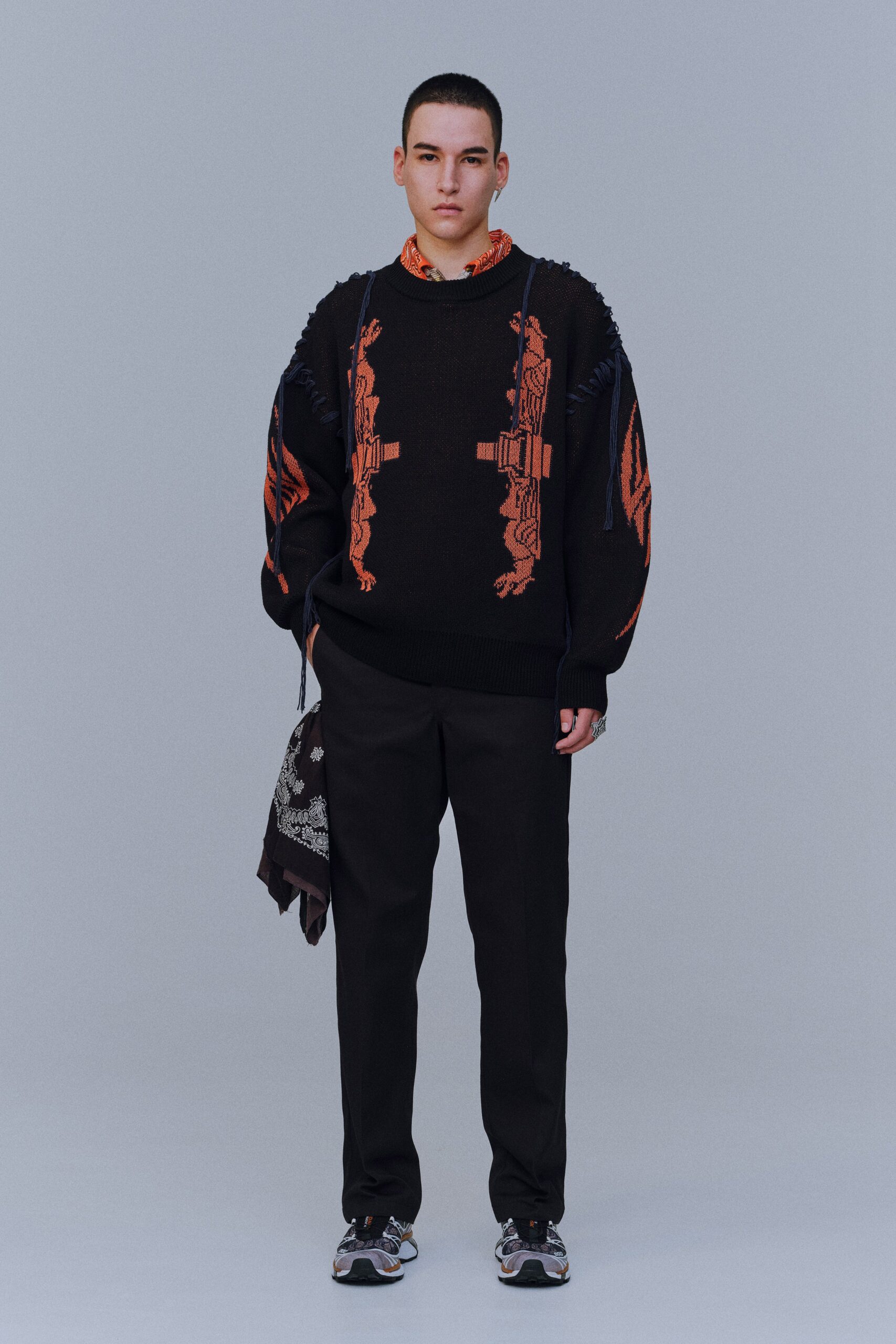 black graphic fringe knit sweater