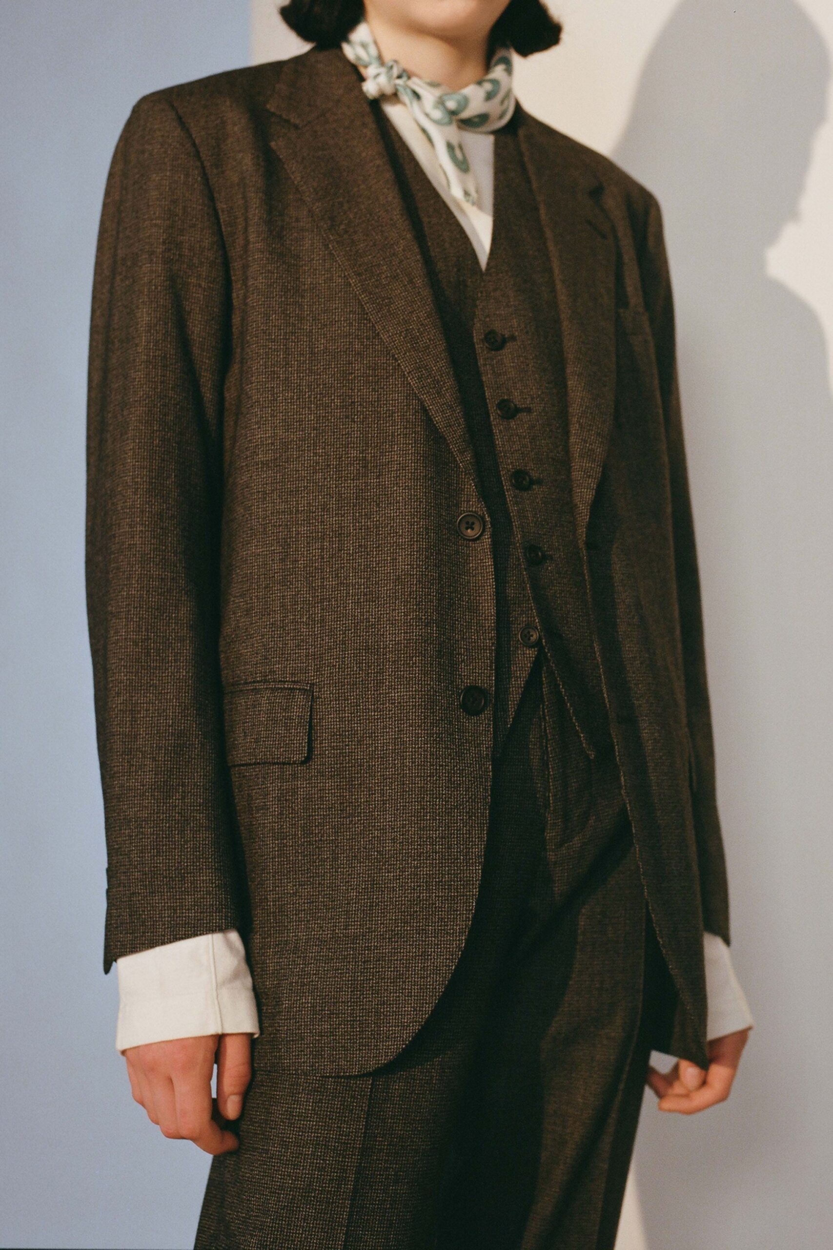 brown tailored blazer with waistcoat