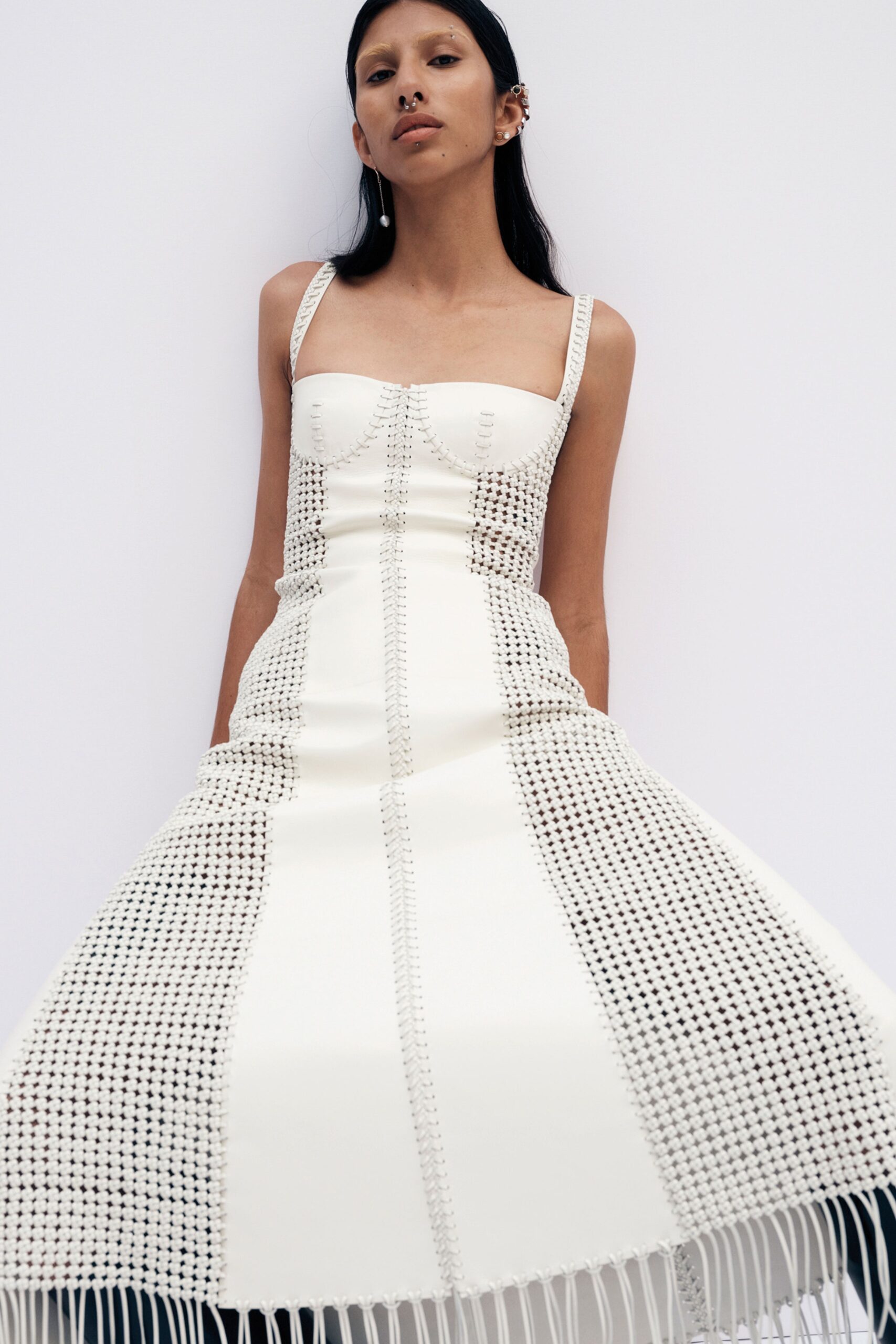 ivory unknown sleeveless square-neck structured openwork panelled dress
