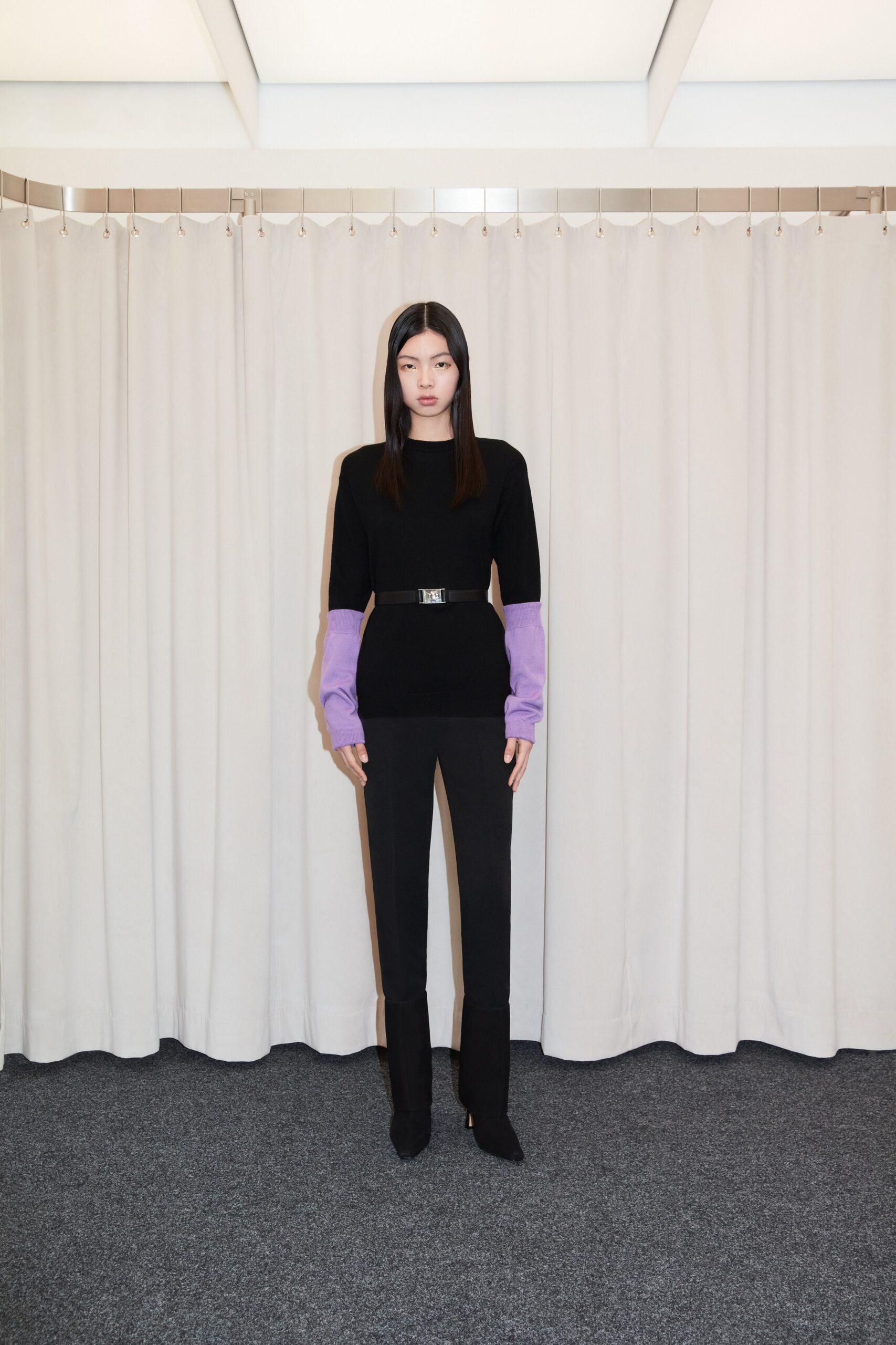 black knit long-sleeve high-neck color-blocked belted textured sweater