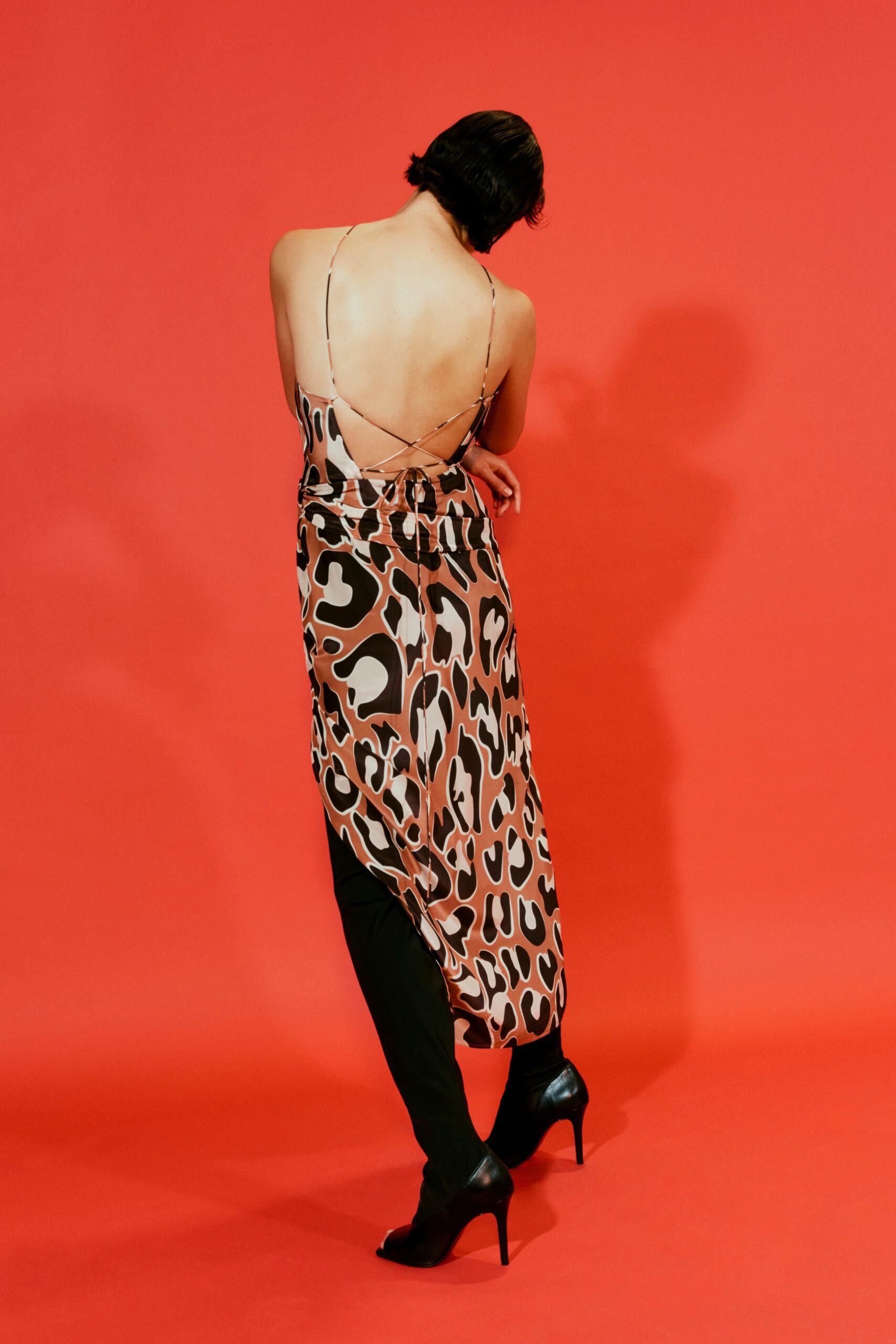 brown satin sleeveless spaghetti-strap fitted animal-print knotted maxi-dress