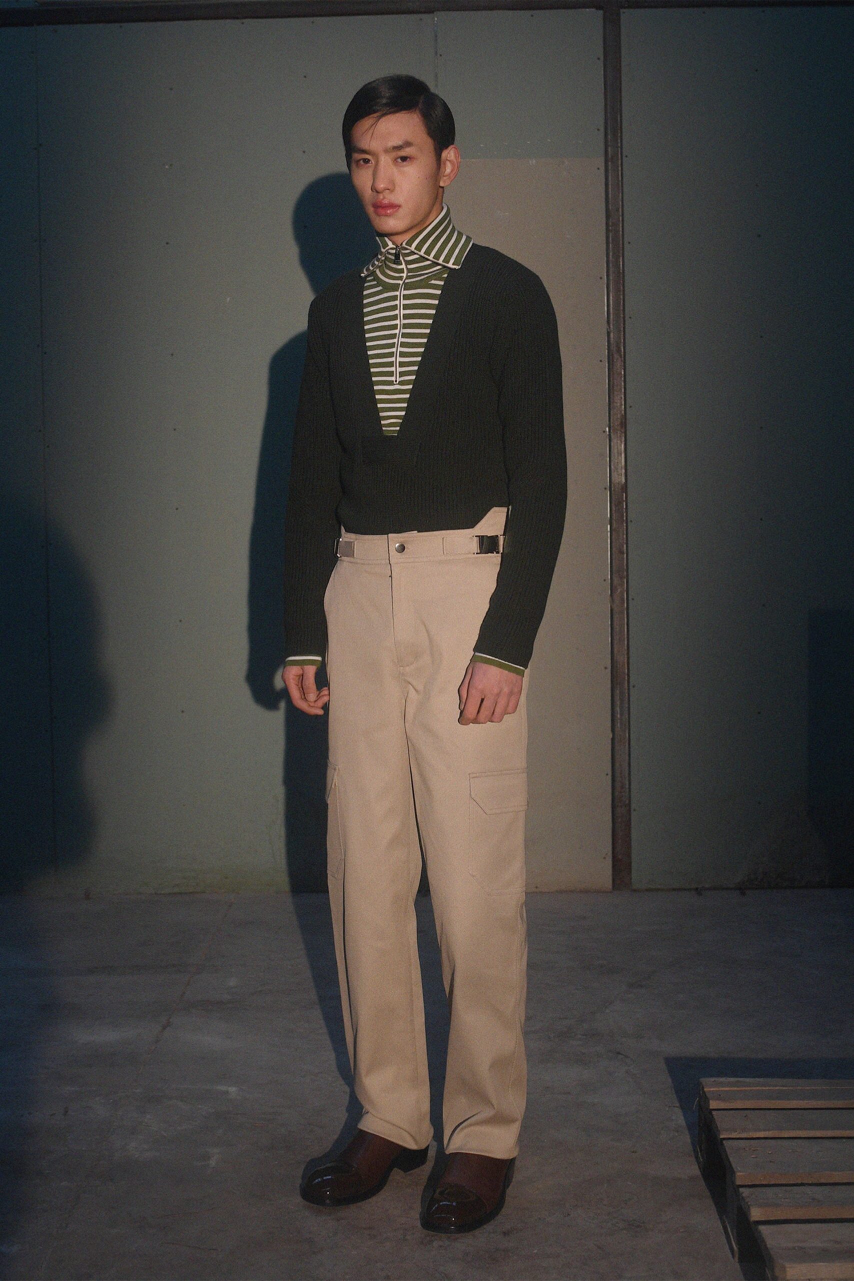 green striped zip polo shirt
