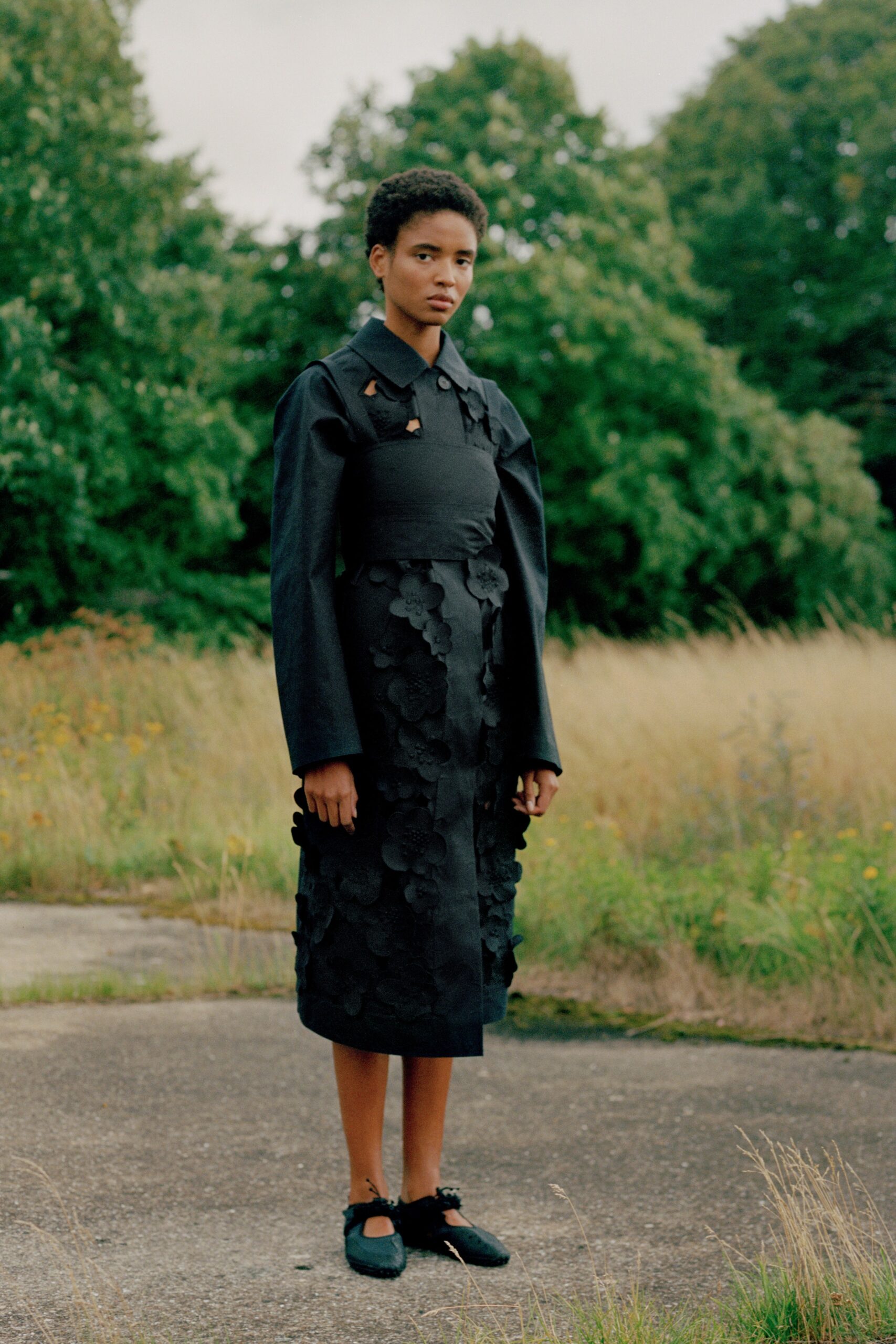 black floral appliqué midi dress