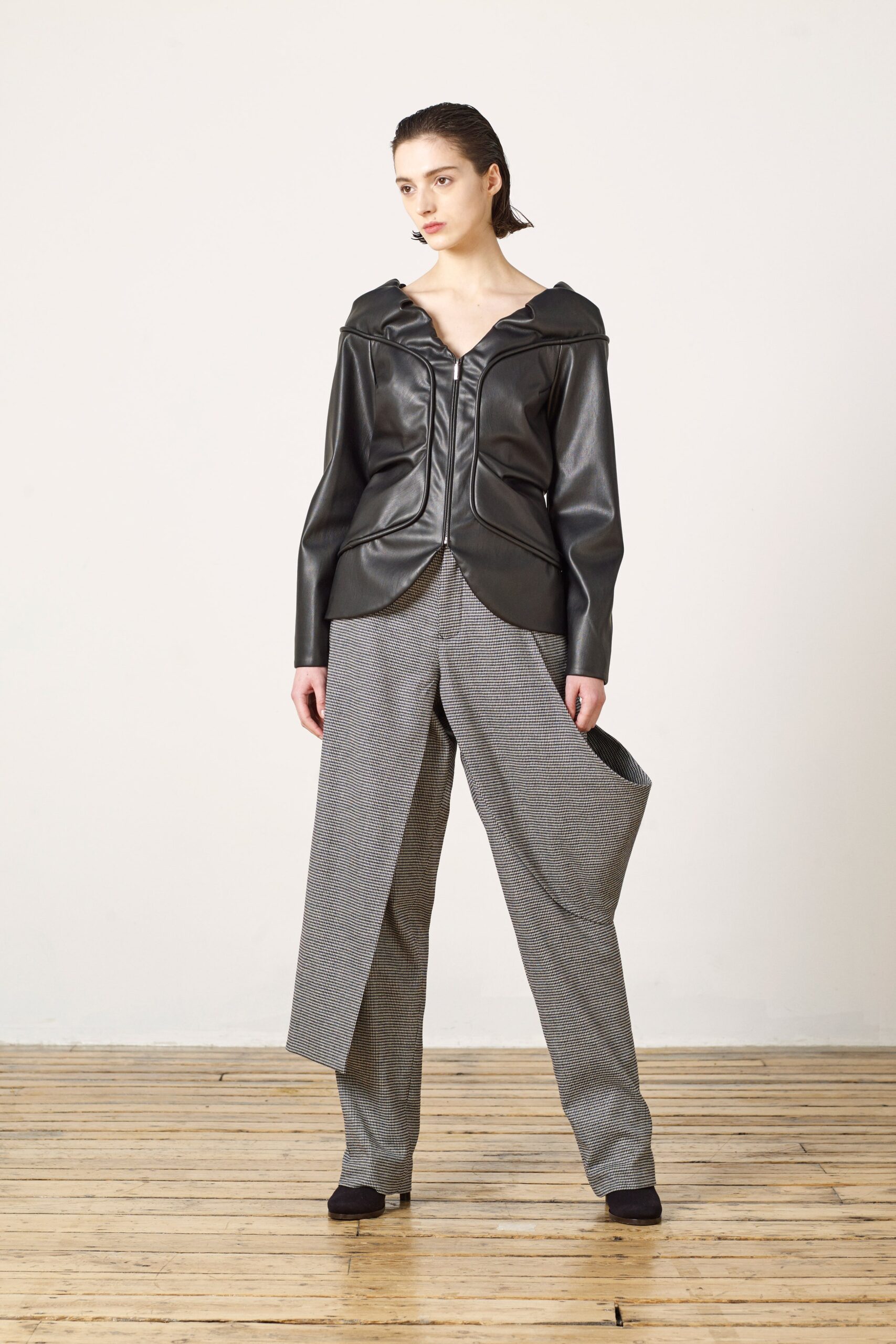 sculpted black leather zip-front jacket
