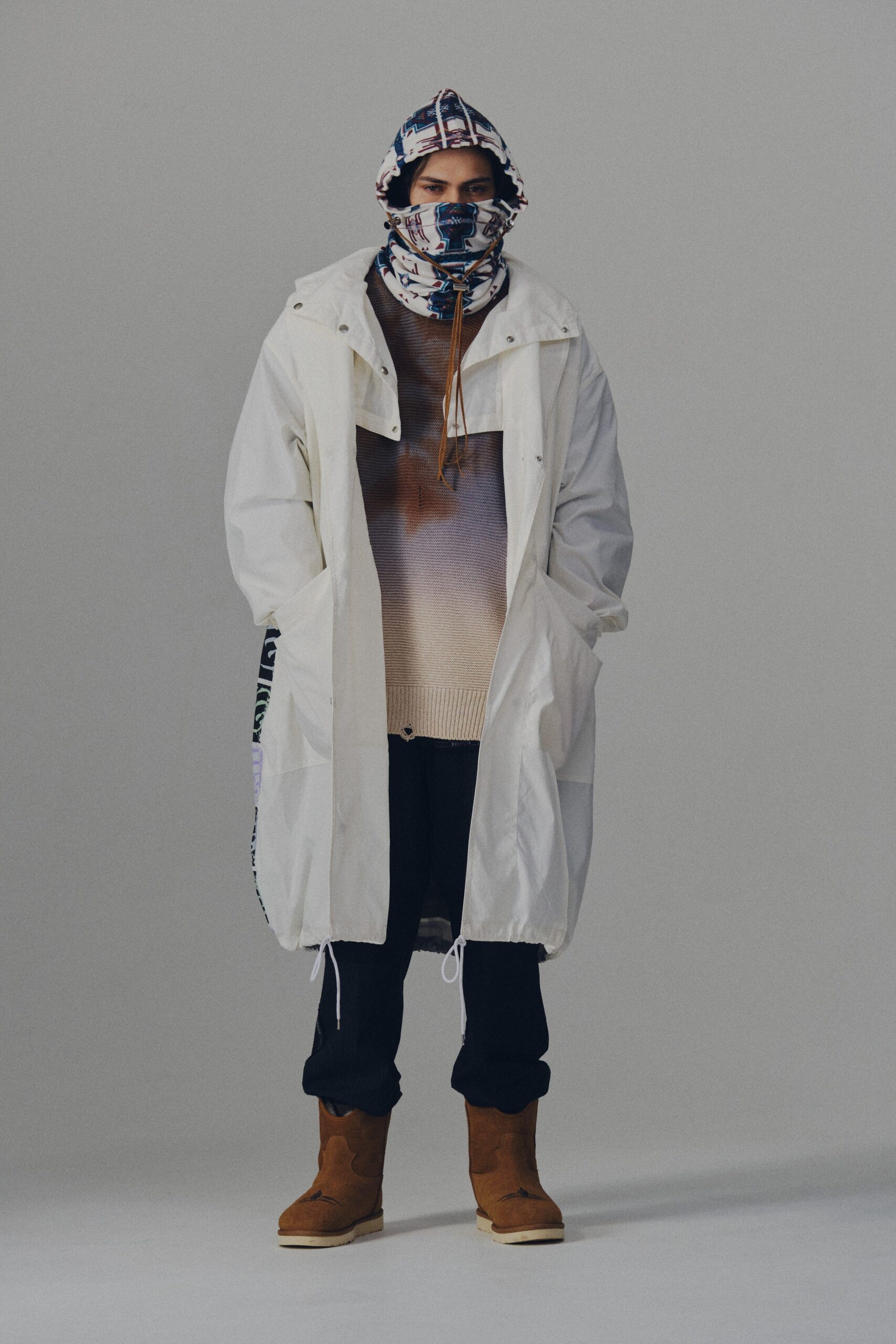 white nylon long-sleeve hooded oversized pockets maxi parka