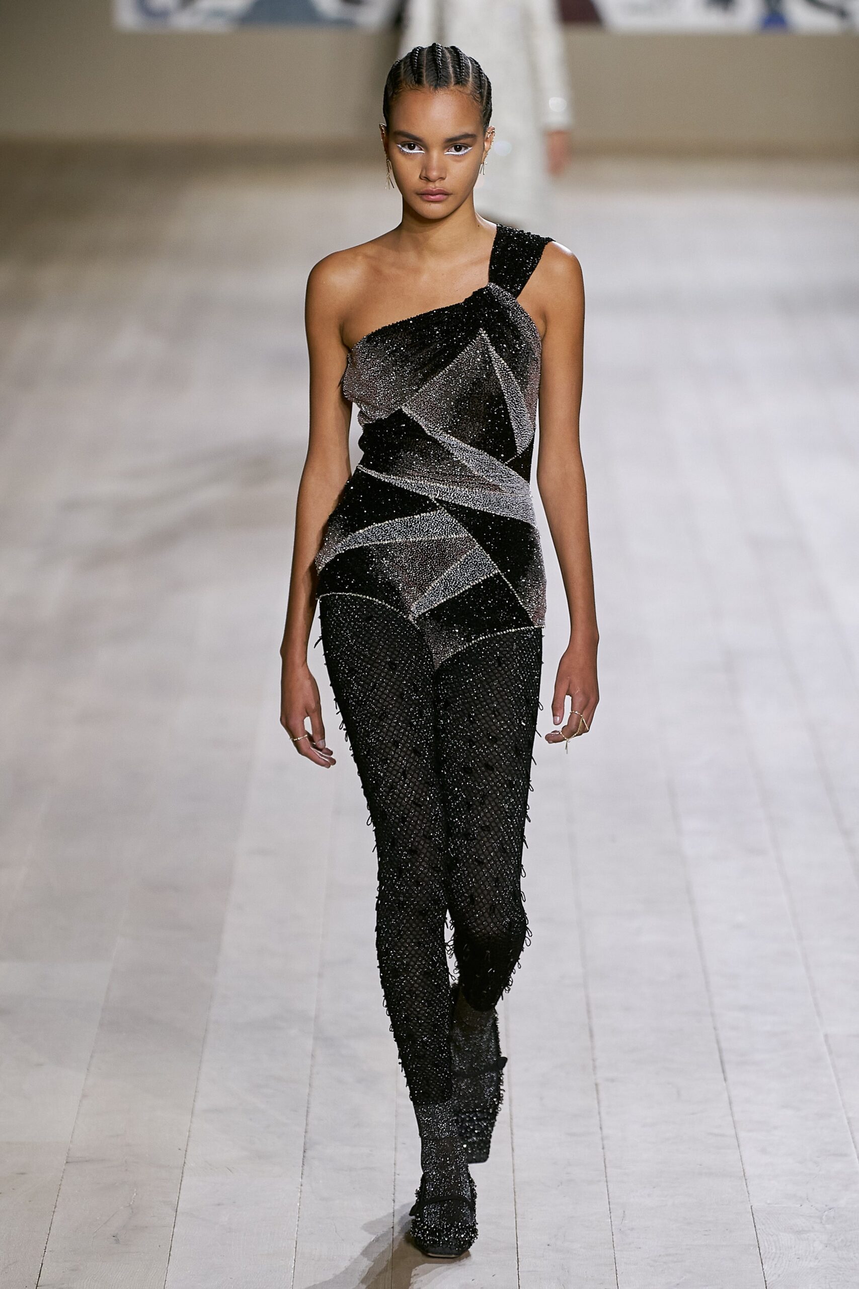black sequin off-shoulder asymmetric fitted color-blocked embellished jumpsuit