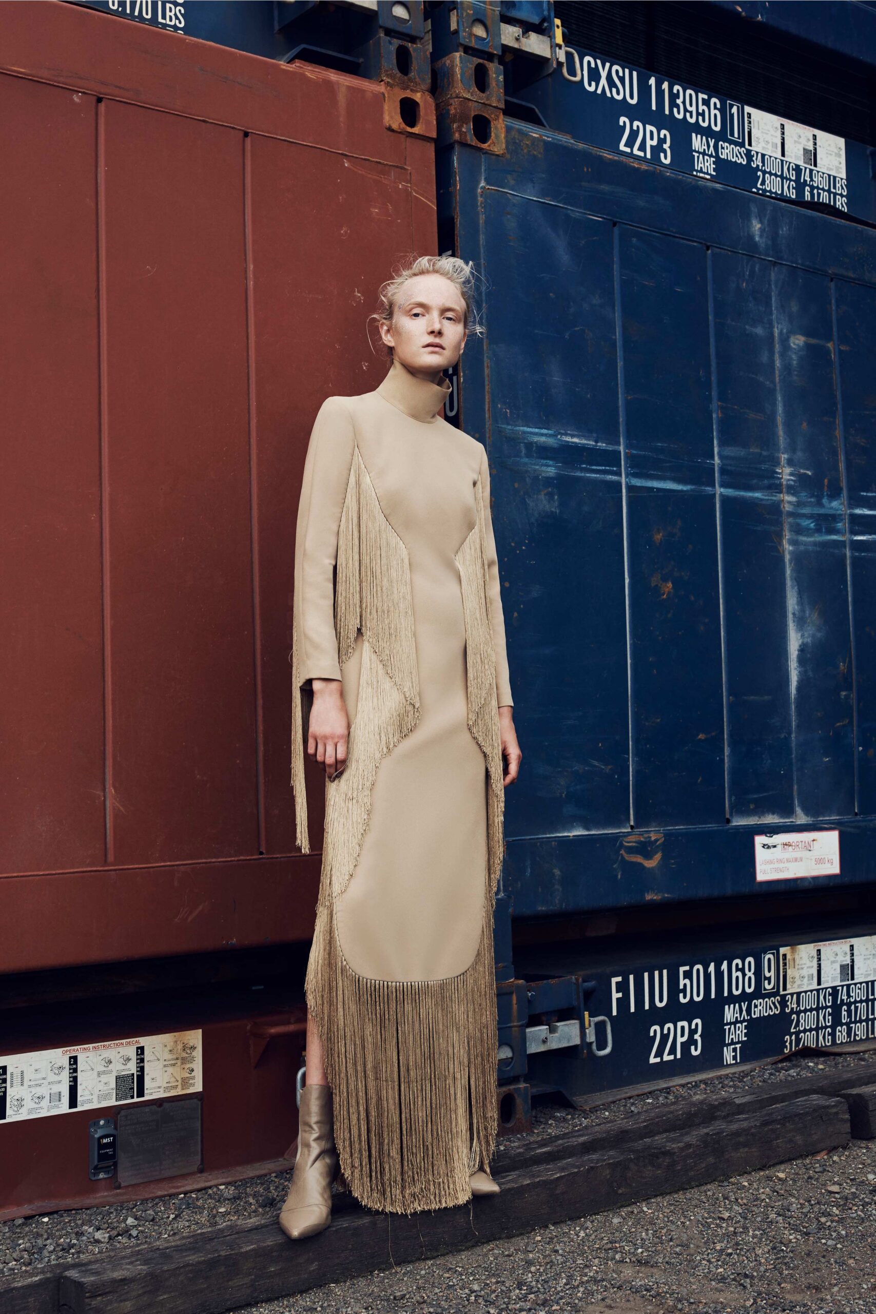 beige unknown long-sleeve high-neck fitted fringed textured maxi-dress