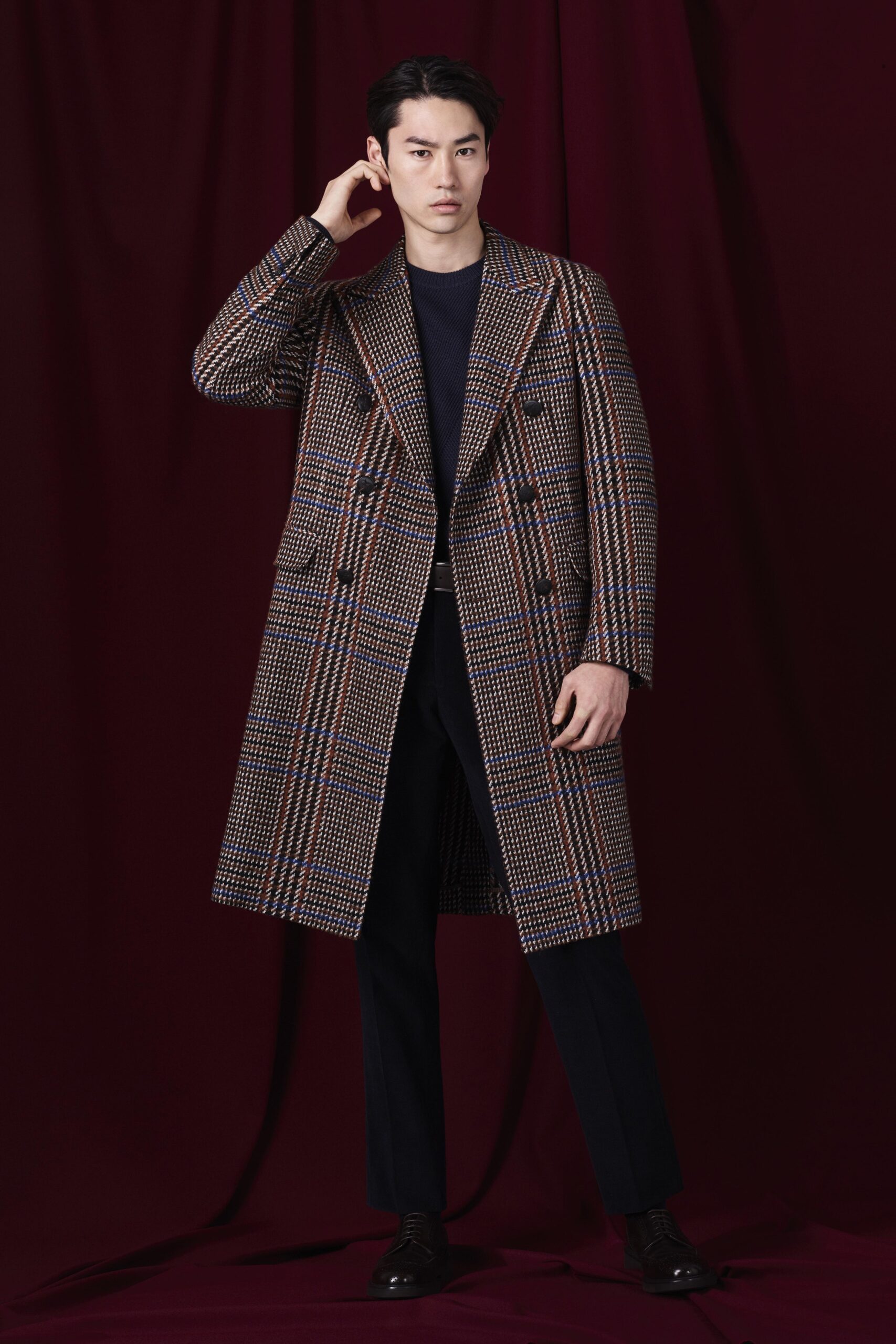 blue knit long-sleeve collared ribbed textured sweater