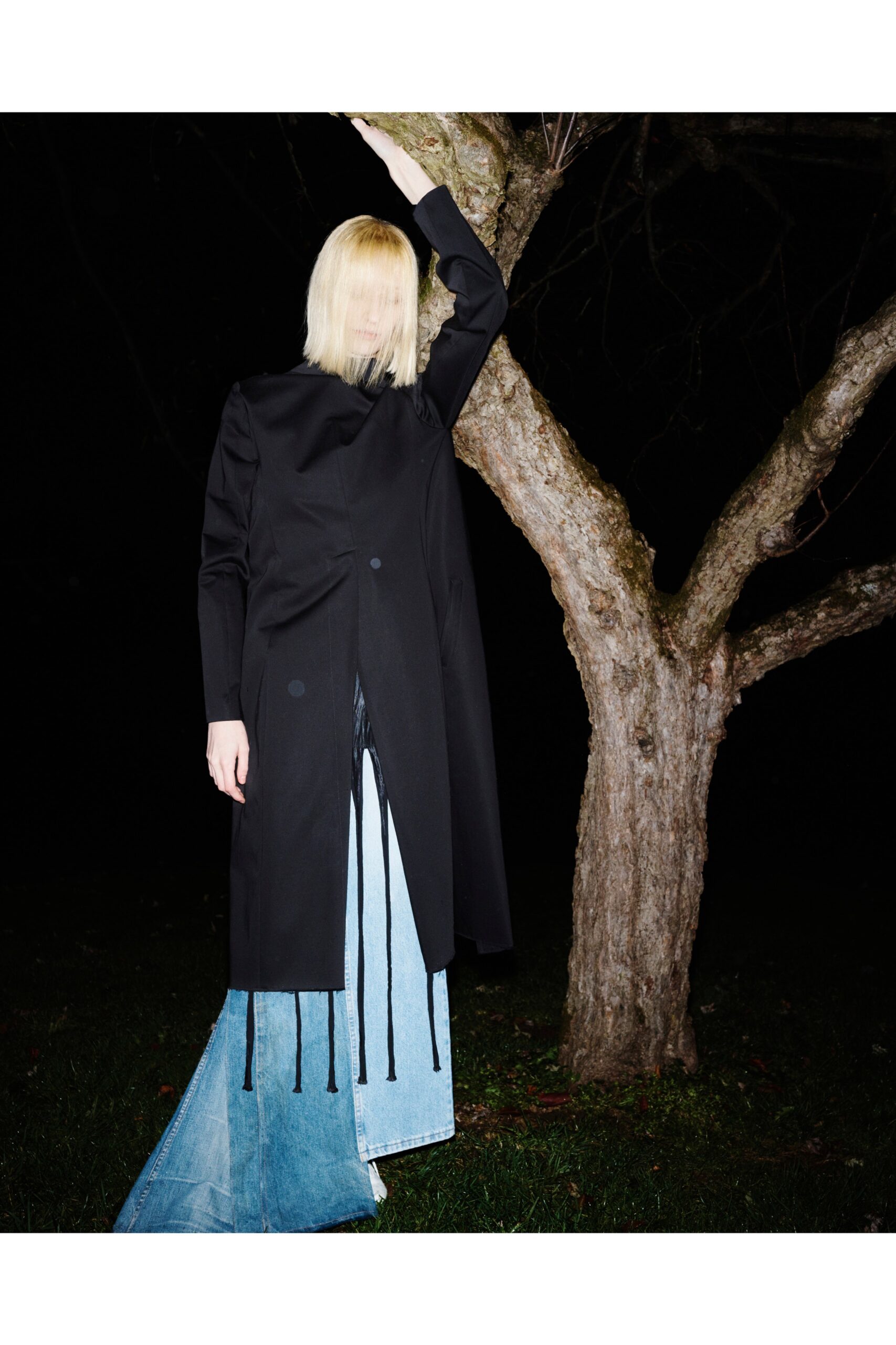 black collarless maxi coat