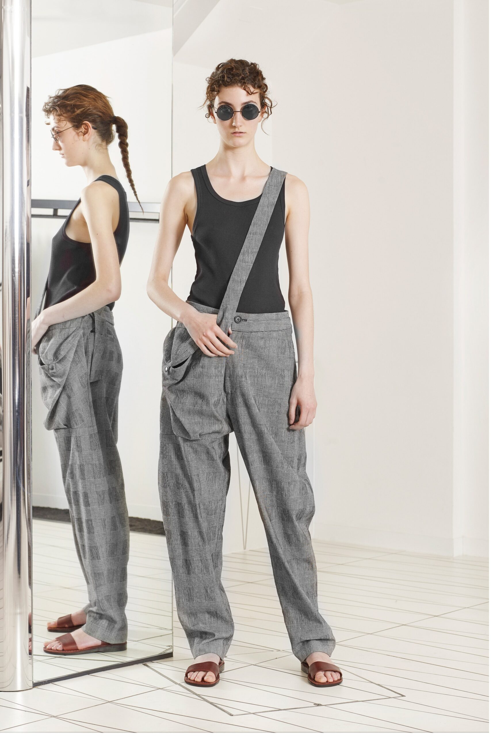 gray checked drop-crotch trousers