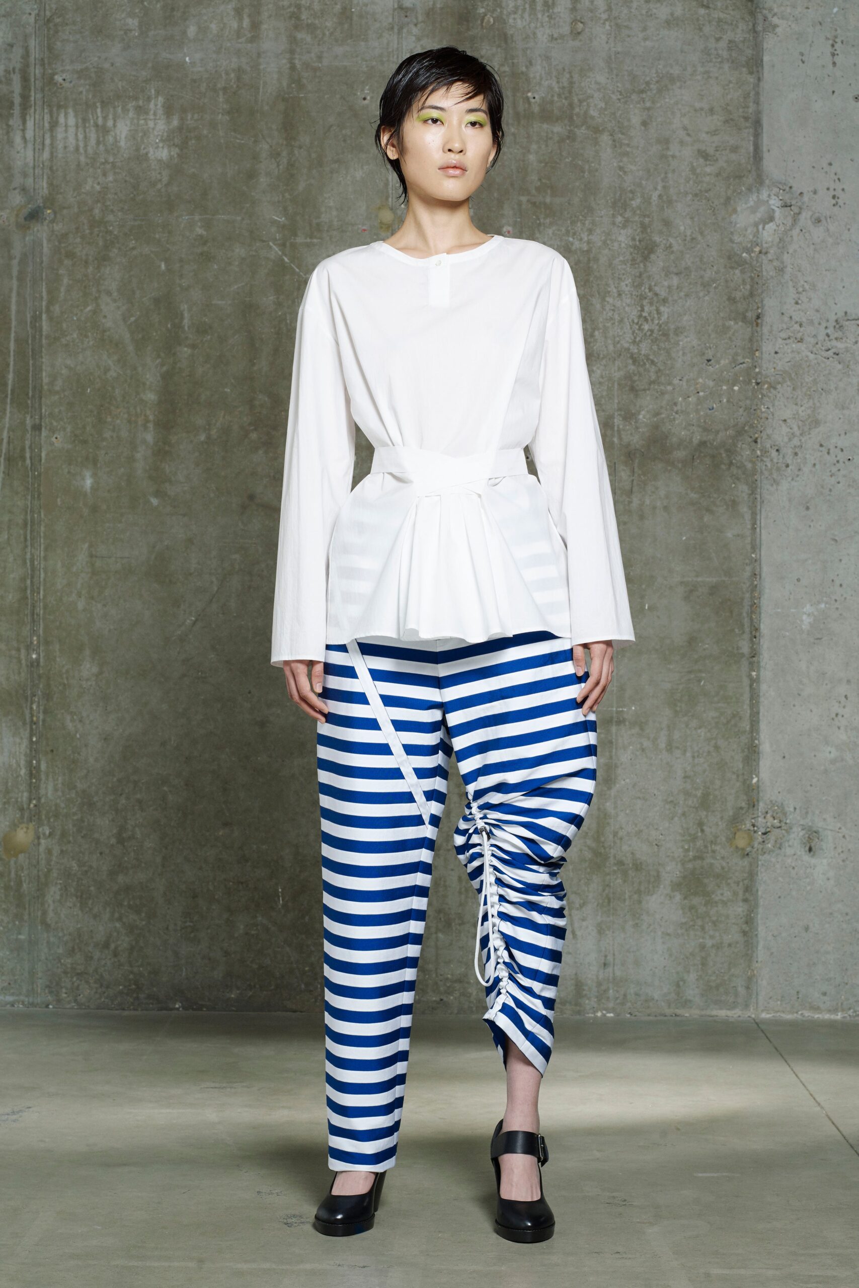 blue striped ruched pants
