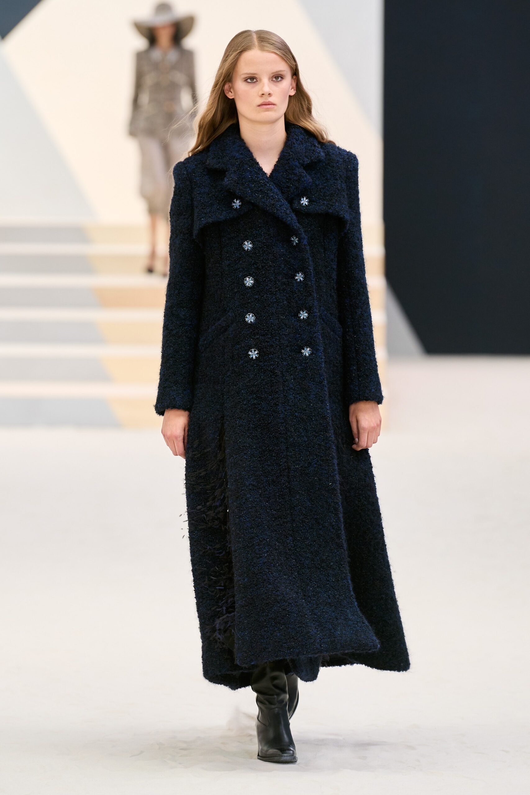 blue tweed long-sleeve collared tailored buttoned textured coat