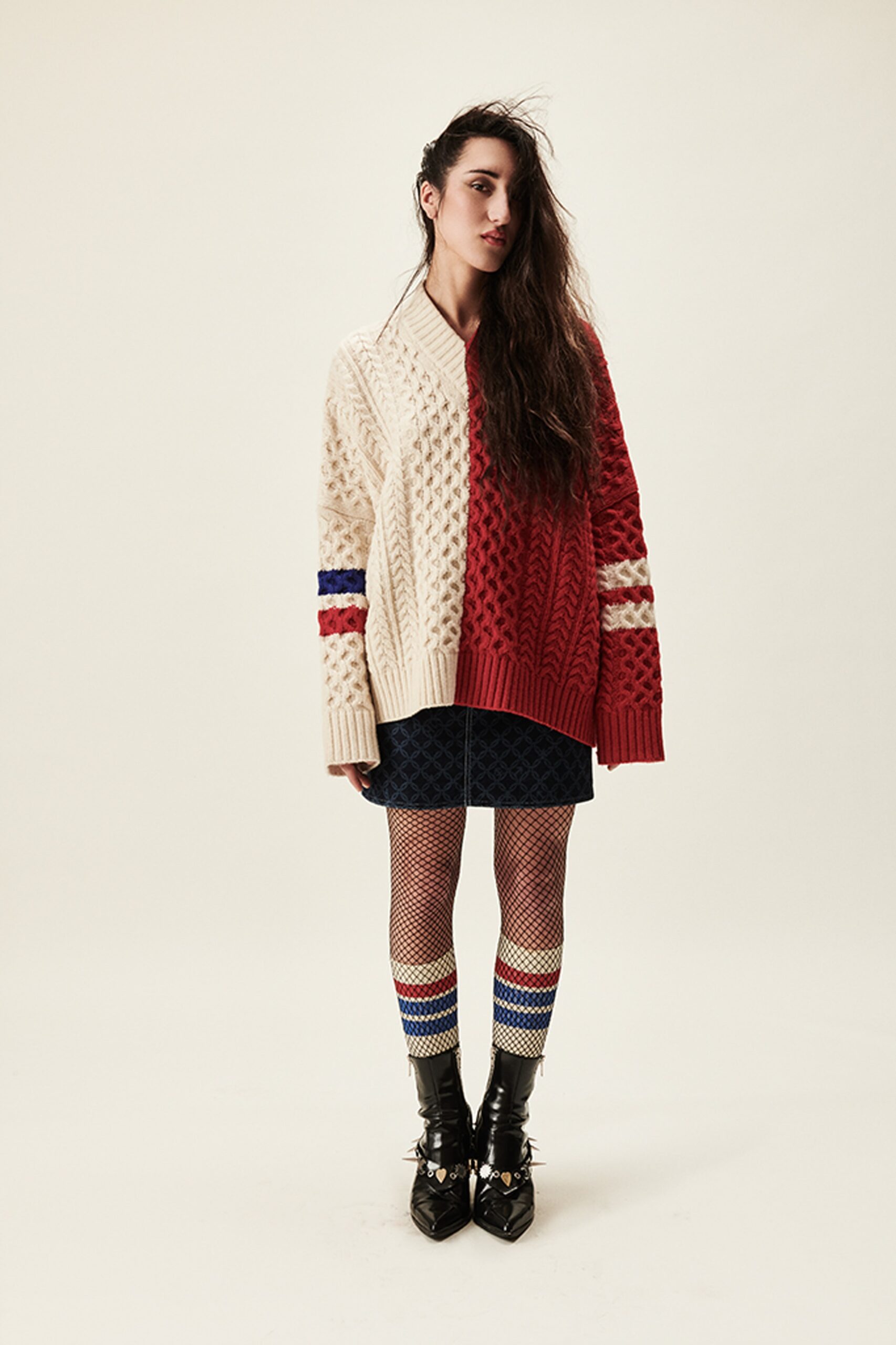 multi knit long-sleeve v-neck oversized color-blocked ribbed sweater