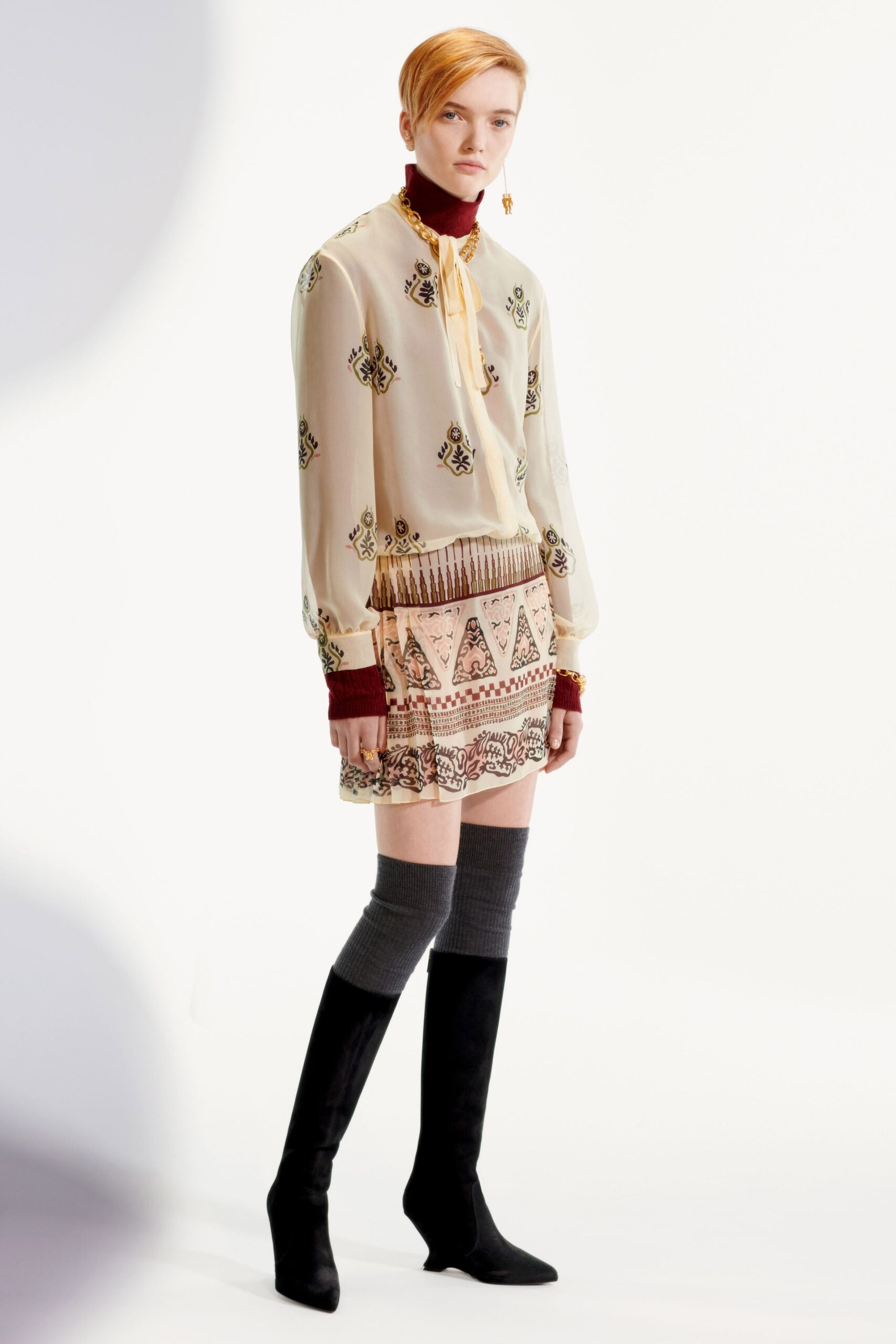 ivory chiffon long-sleeve high-neck printed bow blouse
