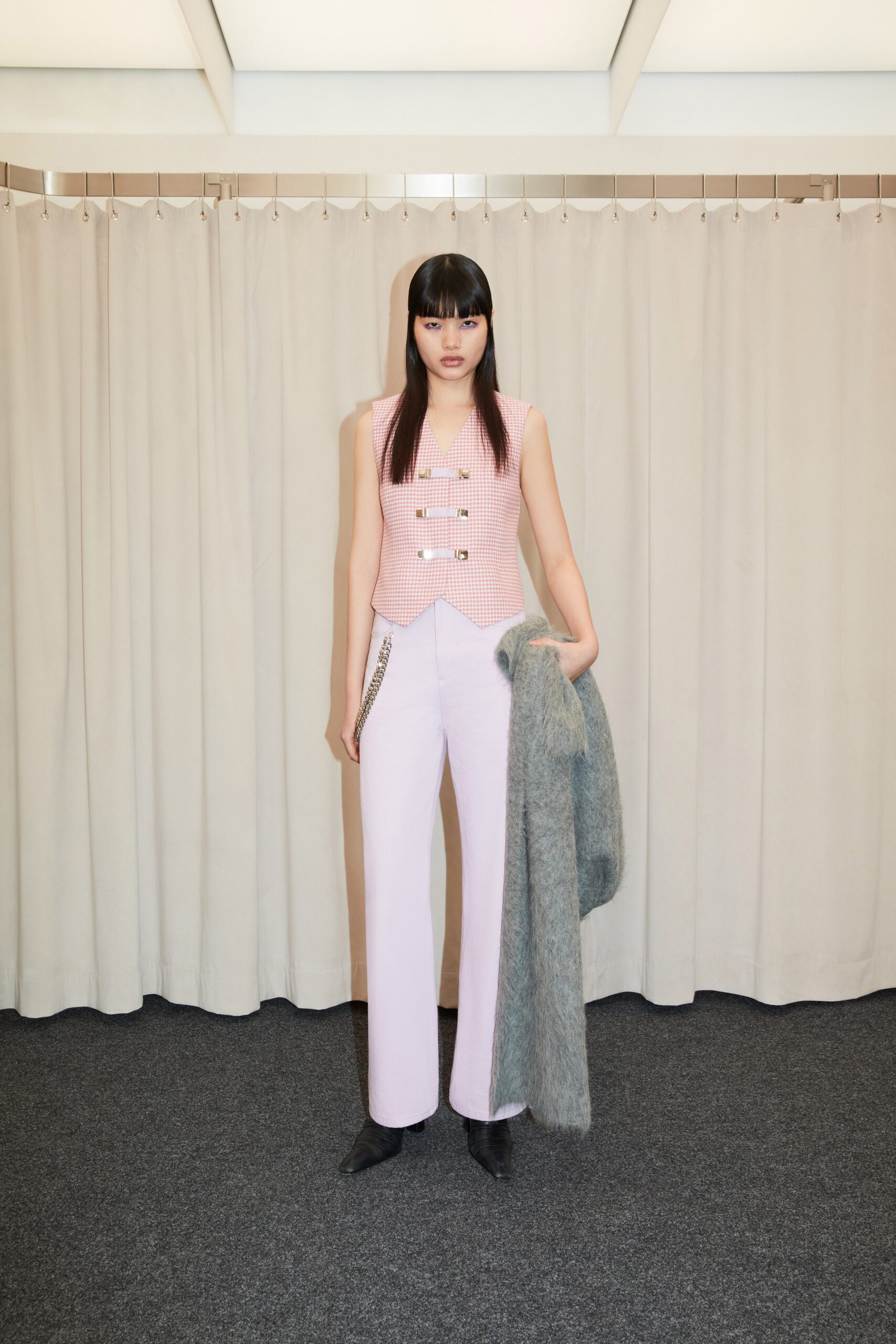 pink tweed sleeveless v-neck tailored houndstooth embellished vest