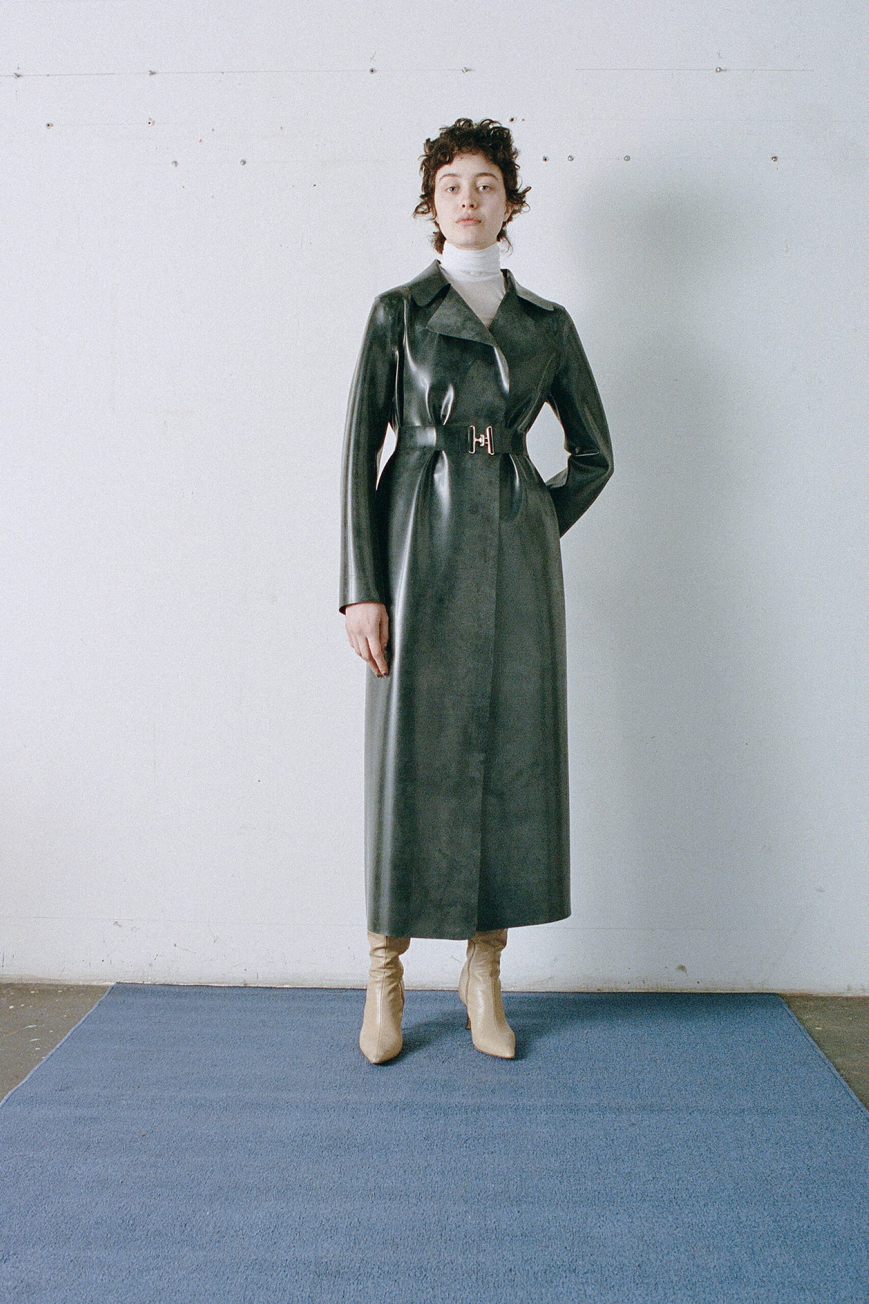 belted black leather maxi coat
