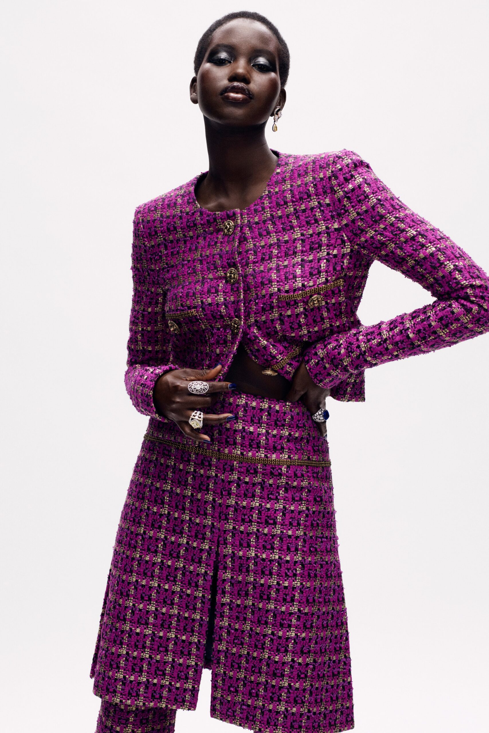 pink tweed straight-leg textured shiny midi skirt