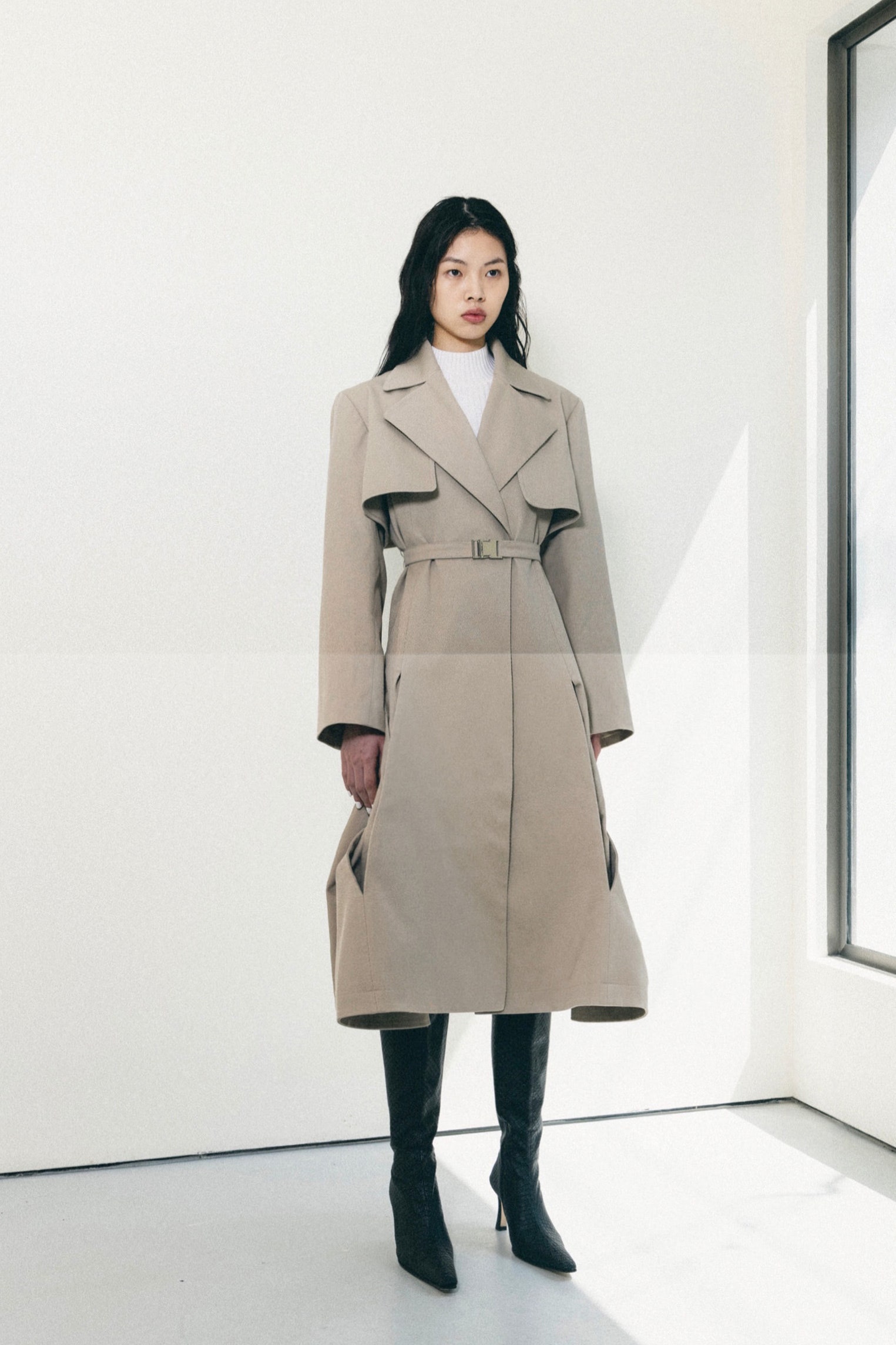 belted cape-overlay trench coat