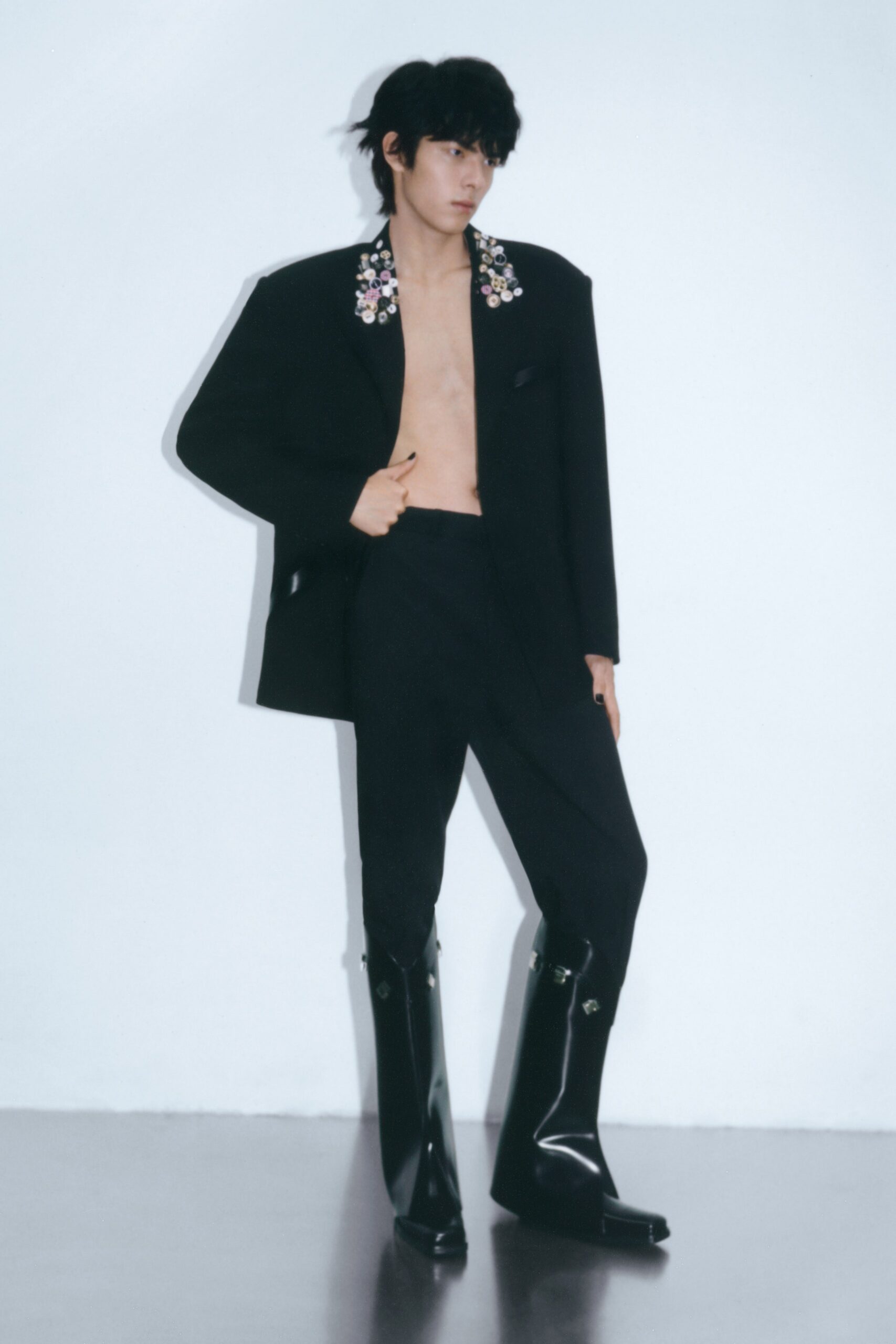 black rubber square-toe knee-high shiny boots