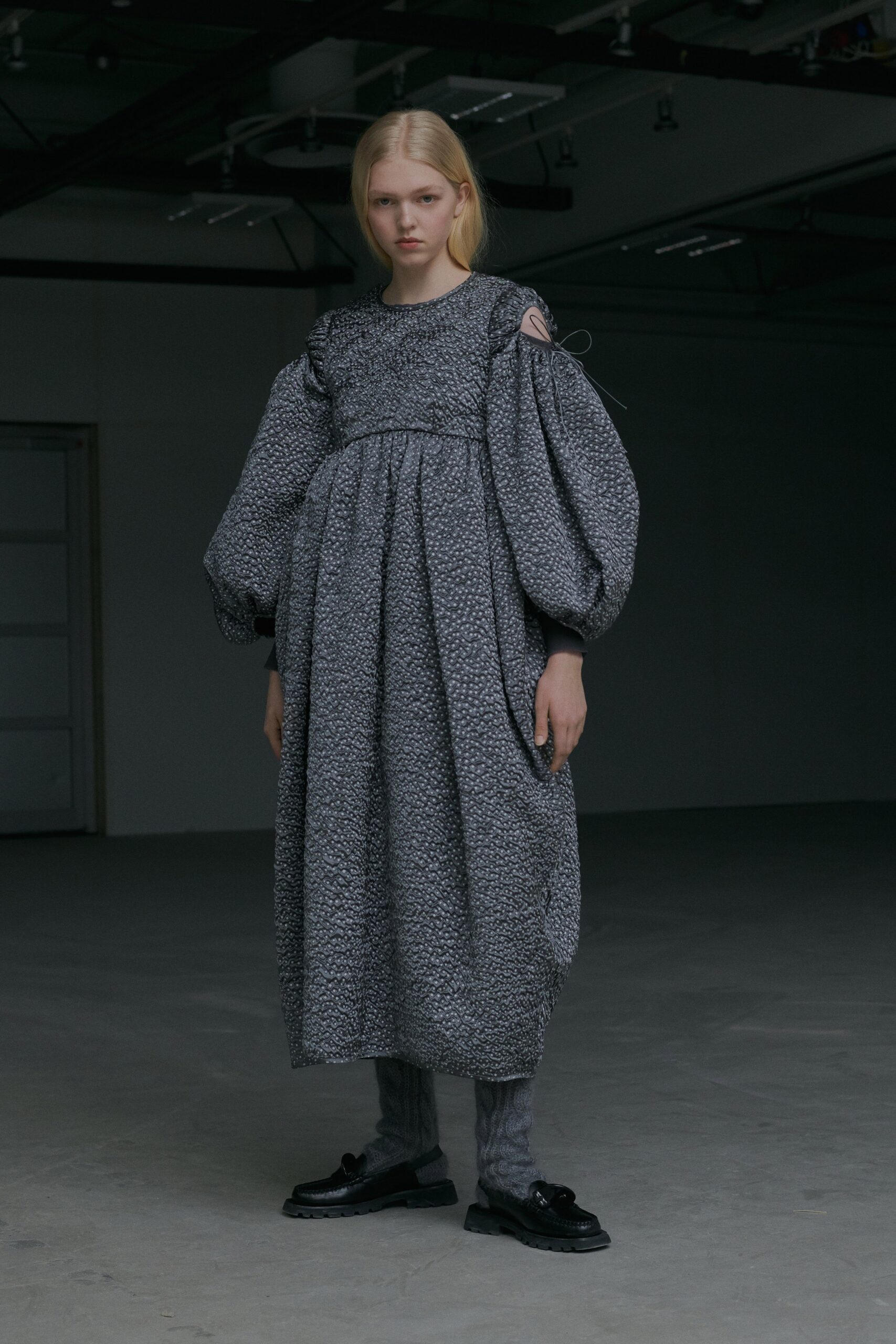 gray jacquard long-sleeve high-neck ruched textured maxi maxi-dress