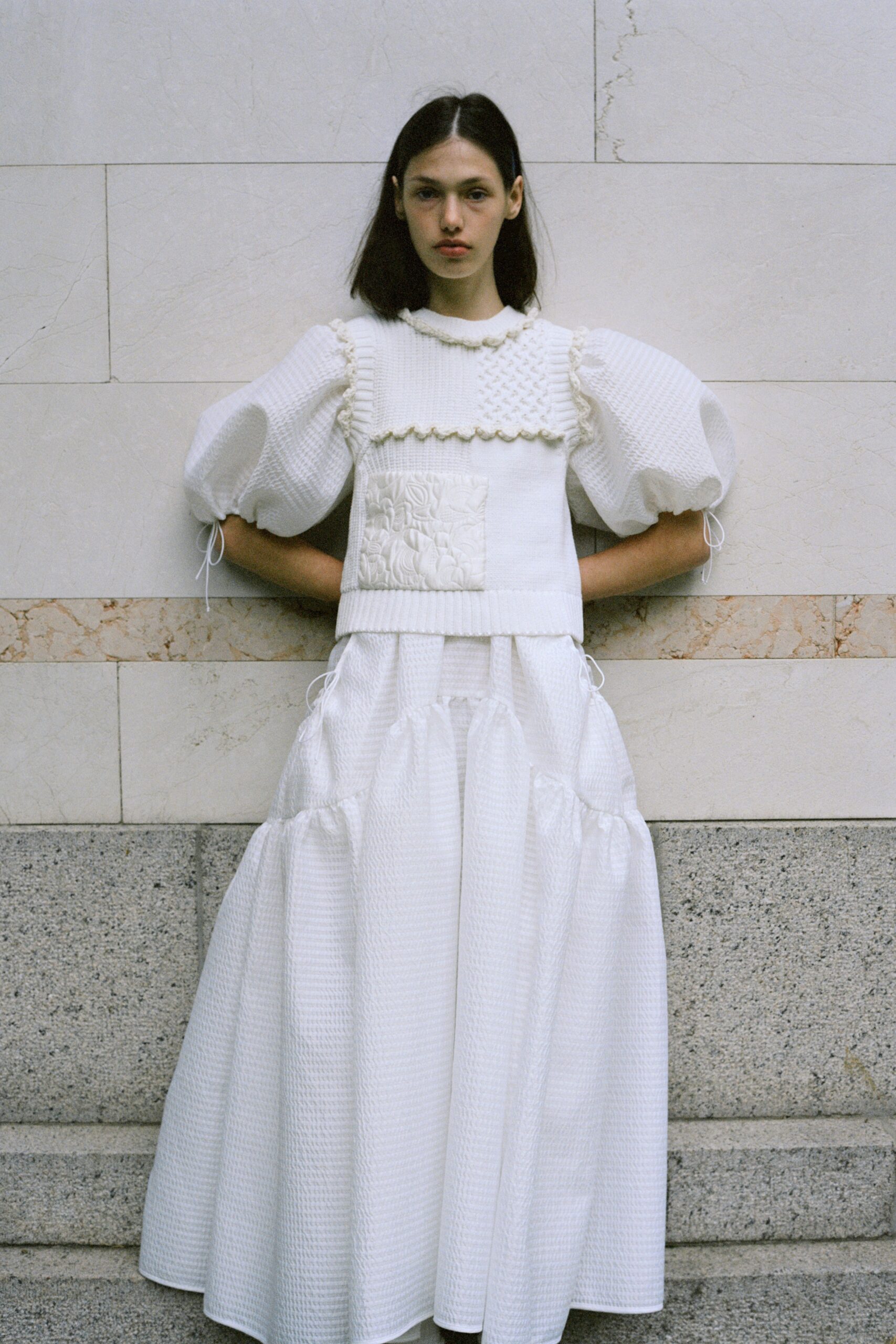 white puff-sleeve tiered maxi dress
