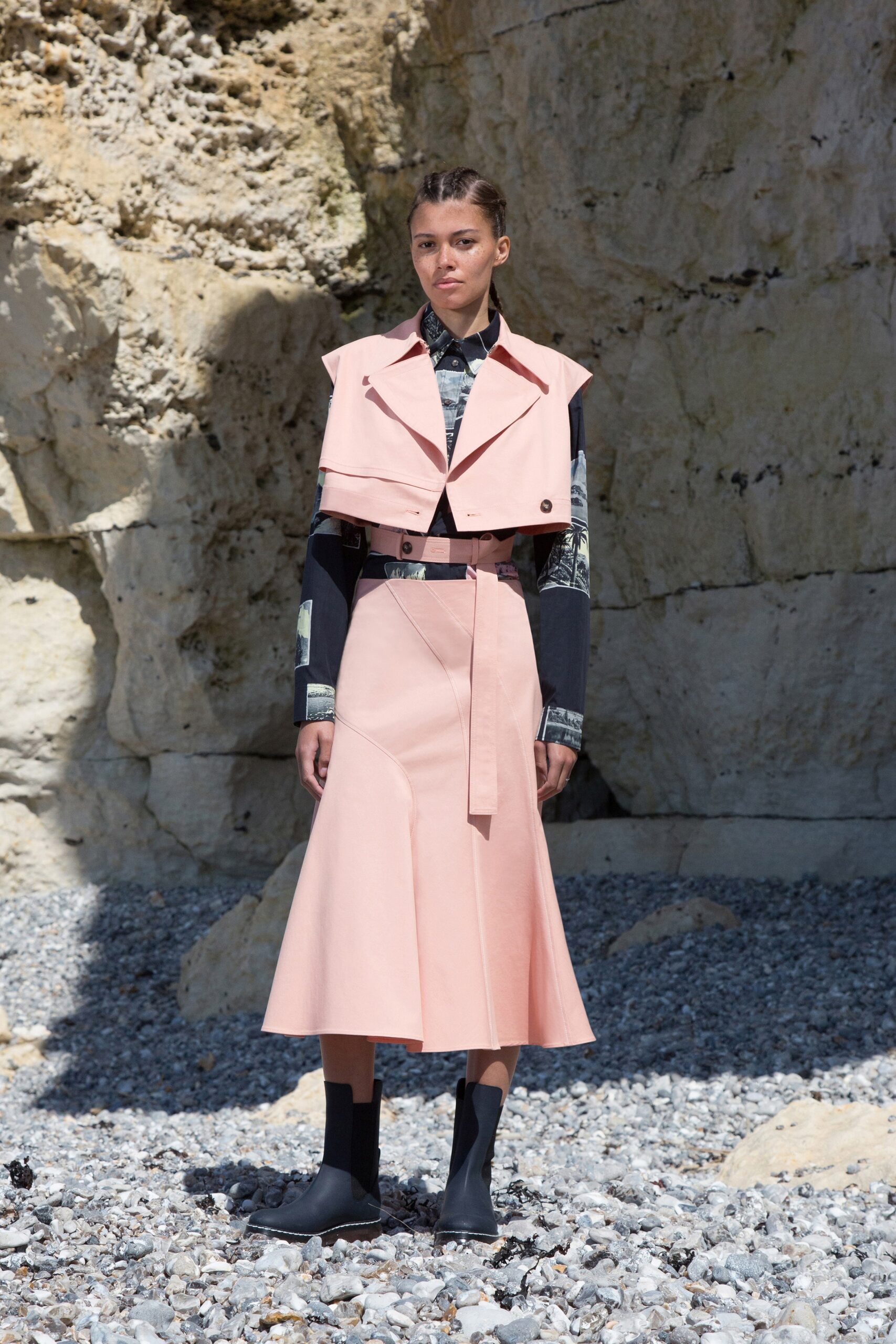 pink belted midi skirt