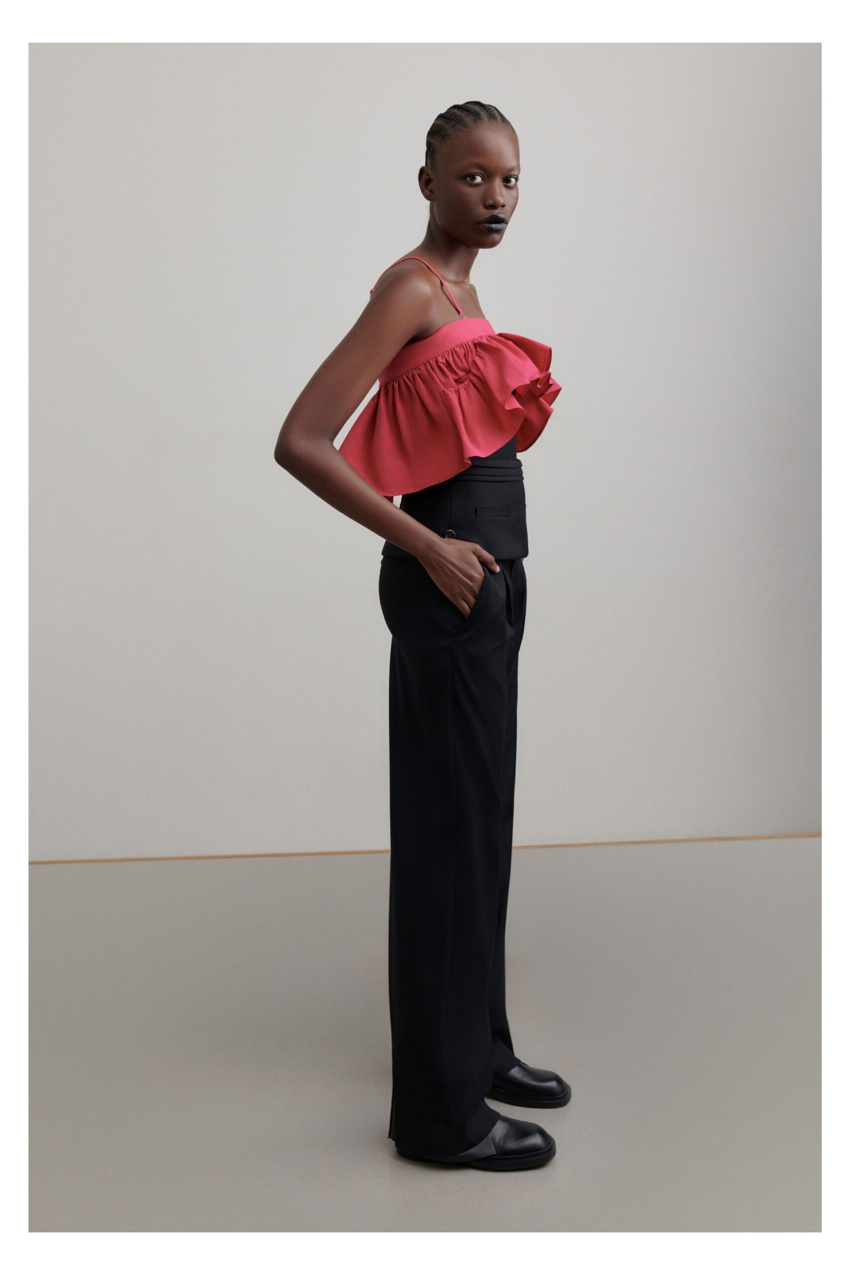 pink unknown spaghetti-strap ruffled draped flowing top