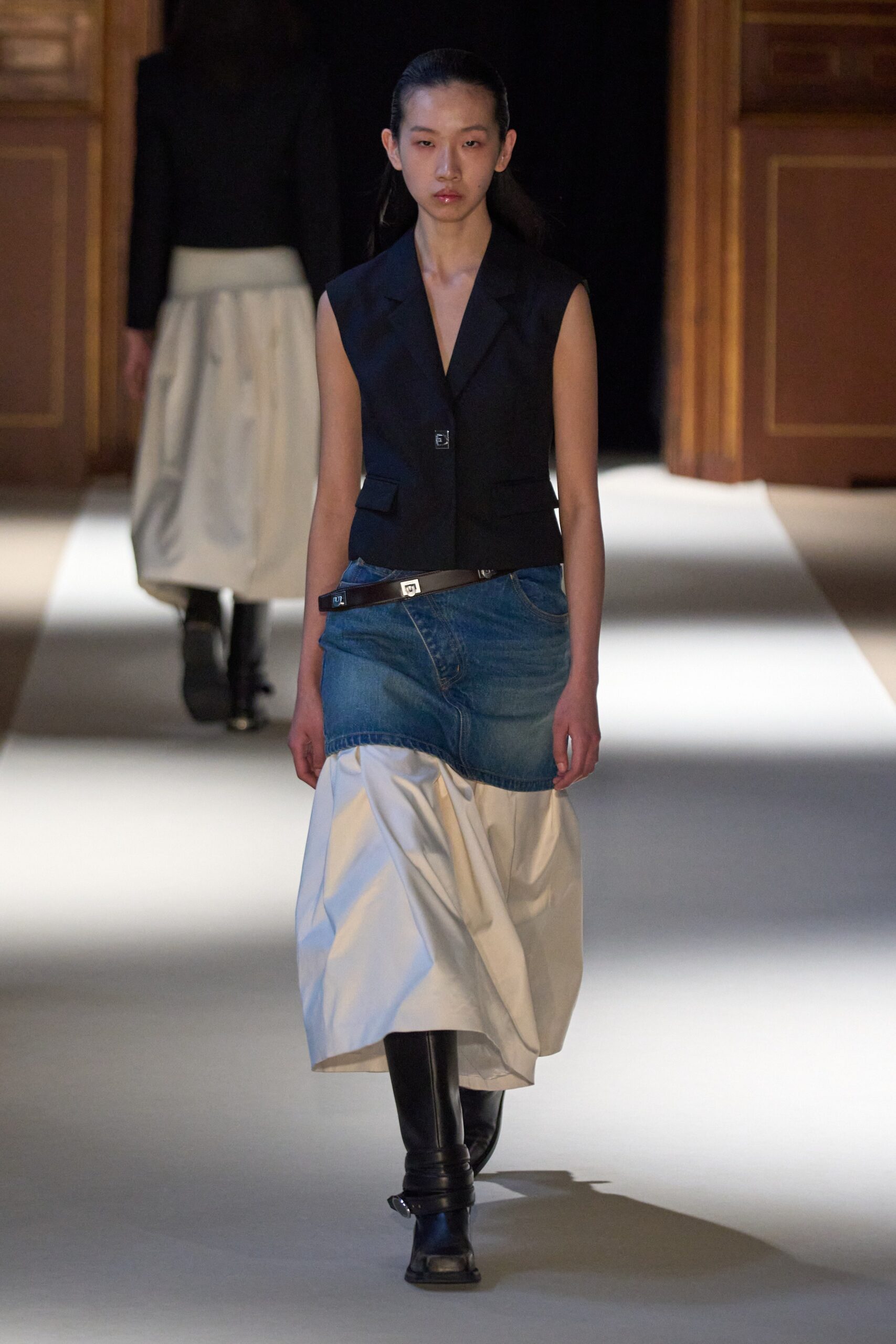 white denim panelled draped flowing maxi skirt